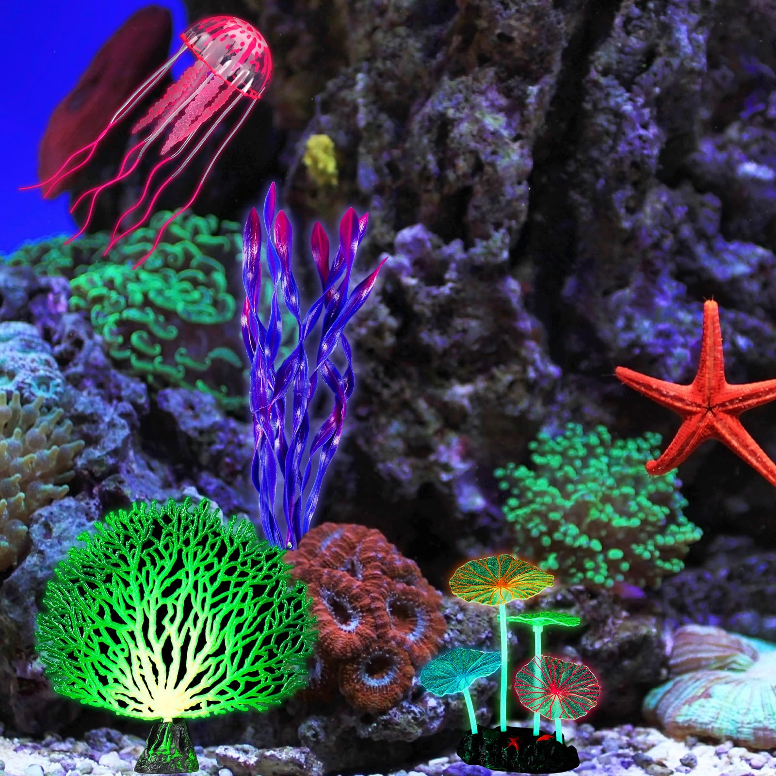 Frienda Lot de 8 plantes lumineuses pour aquarium avec 2 styles de varech, anémone de mer, corail artificiel, méduse, feuille de lotus, champignon pour aquarium (bleu, rose)