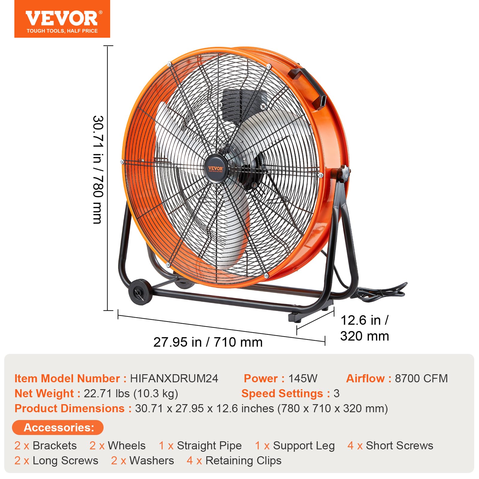 VEVOR Ventilatore a Tamburo, Ventilatore per Officina Industriale ad Alta Velocità 609 mm, 3 Velocità 8700 CFM, Inclinazione Regolabile a 360°, Timer 0-2H, Ventilatore per Magazzino Officina Fabbrica