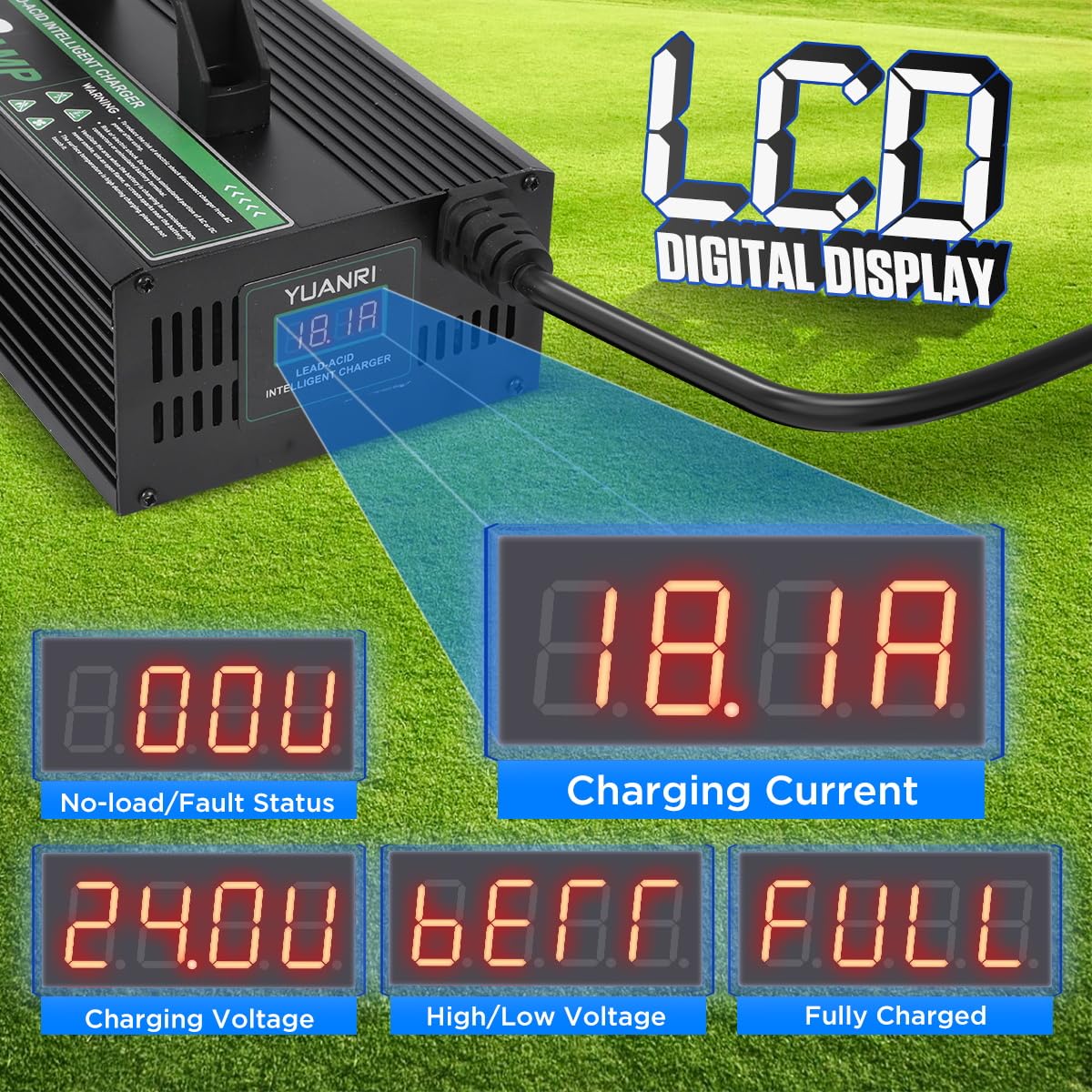 Golf Cart Charger 36 Volt EZGO TXT 18 AMP with LCD Display EZGO Golf Cart Battery Charger 36V Trickle Charger for Lead-Acid Battery 16 FT Cable EZ-go Charger 36 Volt for 1996 to Present