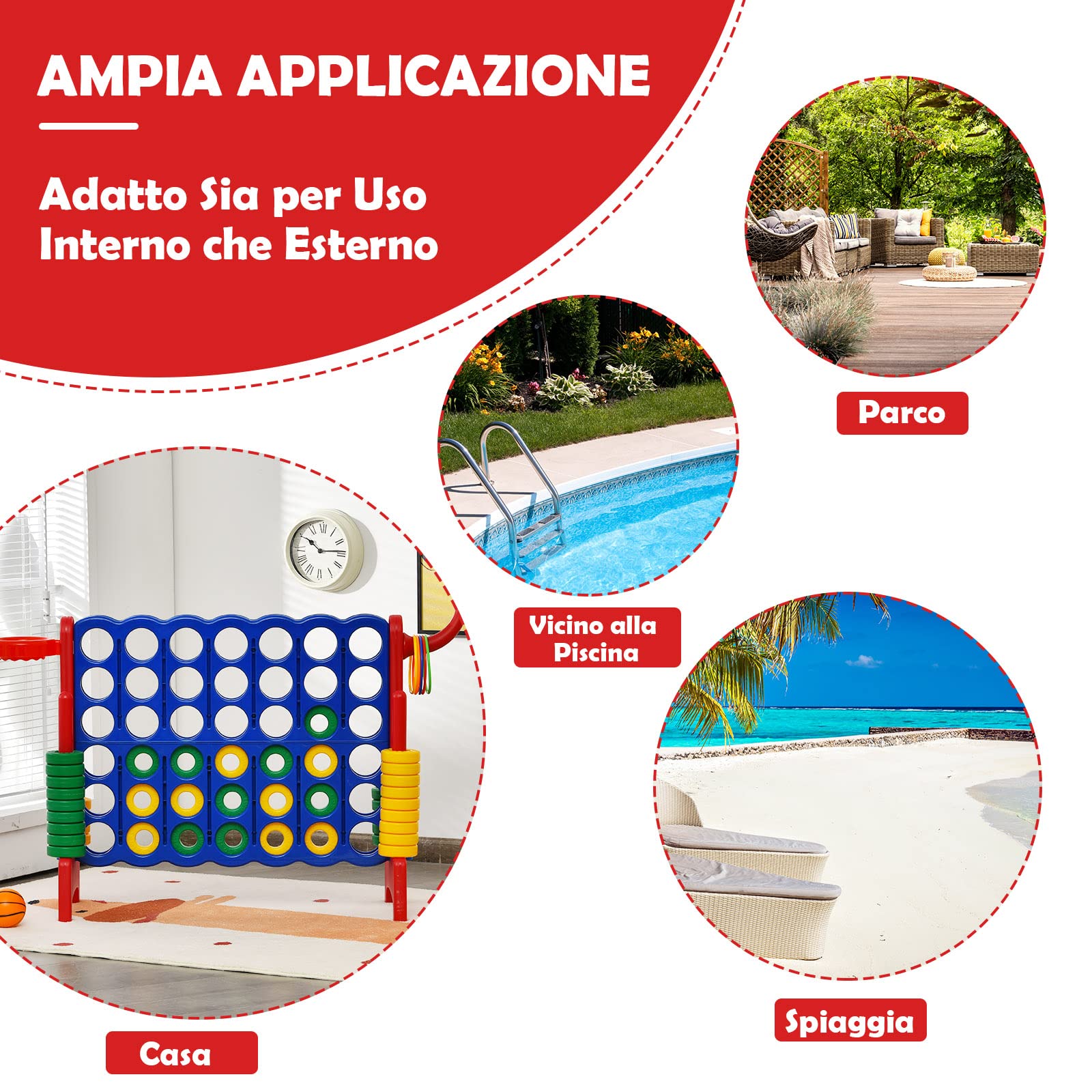 COSTWAY Forza 4 Gigante, Forza Quattro per Bambini con Canestro, Palla, 5 Anelli e 42 Piedine, Giochi Educativi da Esterno ed Interno per Vacanze e Feste, Ideale per Bambini +3 Anni