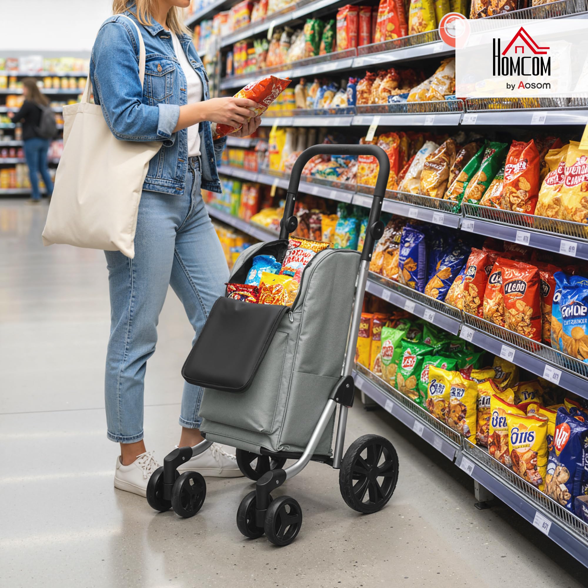 HOMCOM Carrito de Compra de 46L de Aluminio con Bolsa Térmica 3 en 1 Gris | Carro de la Compra, 6 Ruedas, Asa Regulable, para Supermercado, Plegable