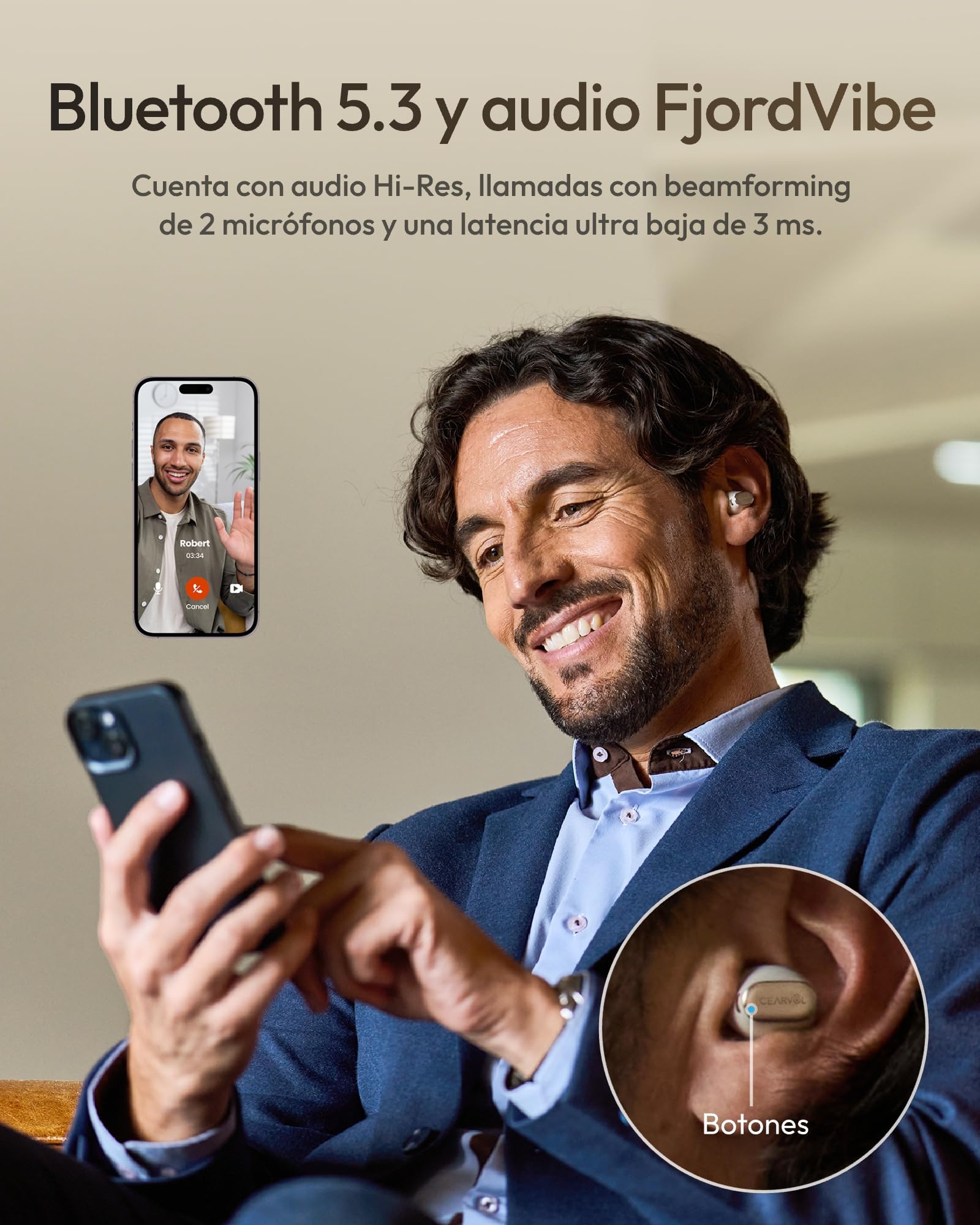 Wave Amplificador de Sonido Bluetooth, Estuche con Pantalla Táctil, App Control, Entrada AUX, Recargable, Ideal para TV y Llamadas, Blanco Estelar
