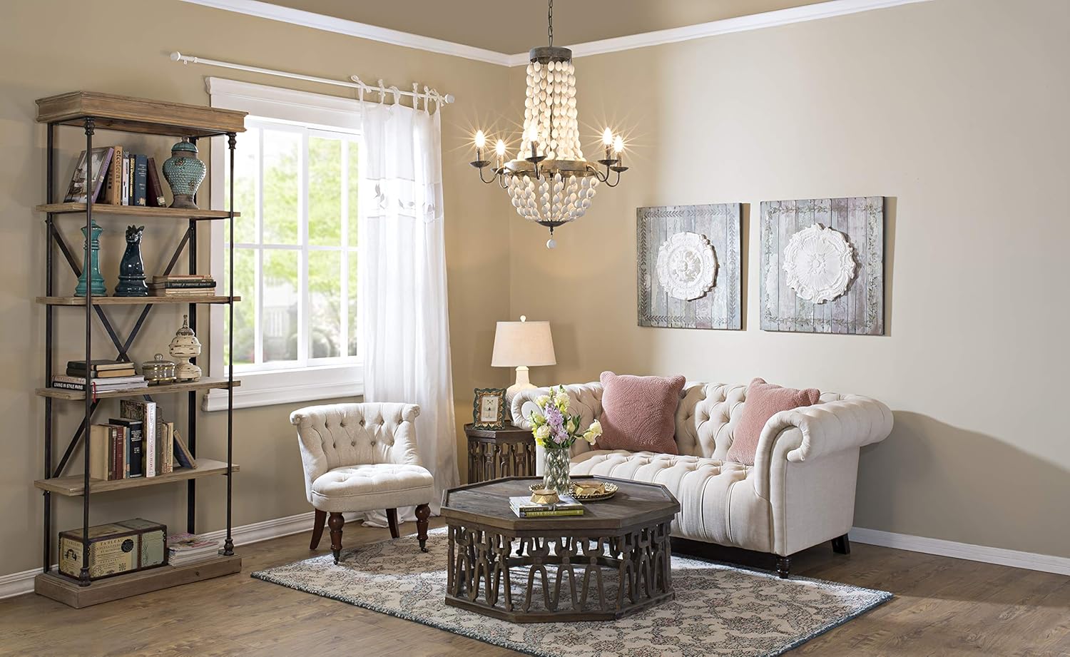 One-Day Sale: Up to 50% Off Creative Co-Op Metal Chandelier with Wood Beads & 6 Ceiling Lights, 30 Round by 39 Height, White Authentic Crazy Deals Creative Co-Op Metal Chandelier with Wood Beads & 6 Ceiling Lights, 30 Round by 39 Height, White