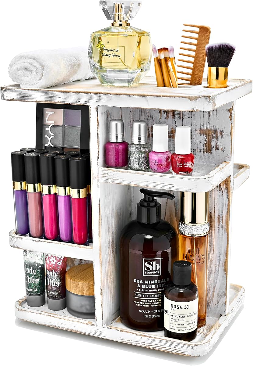 Bamboo Makeup Organizer, Rotating Cosmetic Storage for Vanity (Grey) | Skincare organizers keep bathroom accessories within reach on a 360° carousel, with cosmetics and daily items easy to browse.