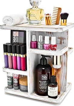 Sorbus 360 Makeup Organizer - Grey Rustic Wood Make Up Storage Carousel for Cosmetics, Skin Care Rotating Makeup Organizer for Vanity, Bathroom Storage
