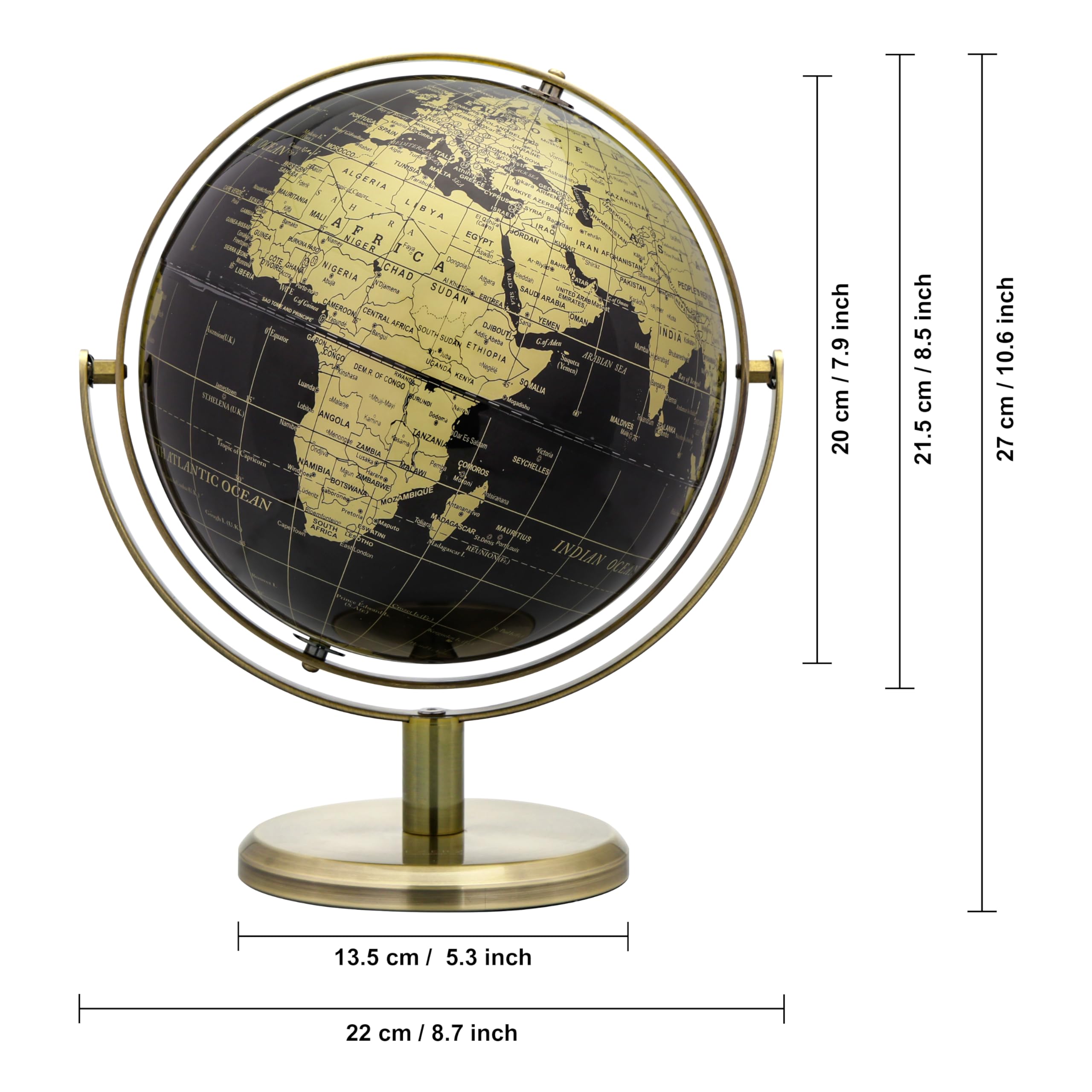 EXERZ 20 cm Globus Schwarz & Golden, 360 Grad Drehbar - Weltglobus Pädagogisch Geografisch - Bronzener Bogen und Sockel. Englische Karte.