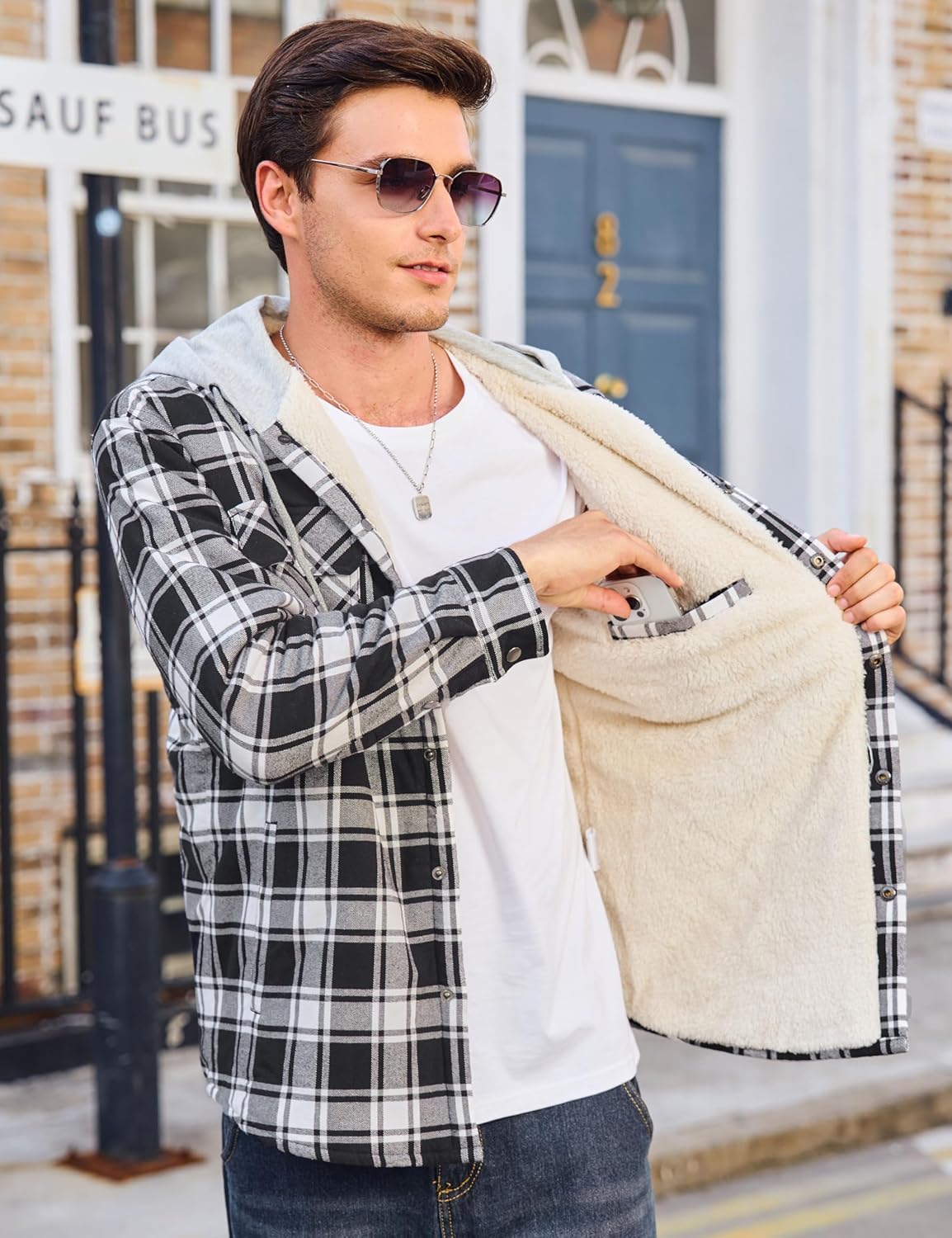 Cotrasen Flannel Jacket for Men with Hood Sherpa Lined Fleece Plaid Shirt Jacket Cotton Soft Warm Winter Coat with 5 Pokects - Image 3