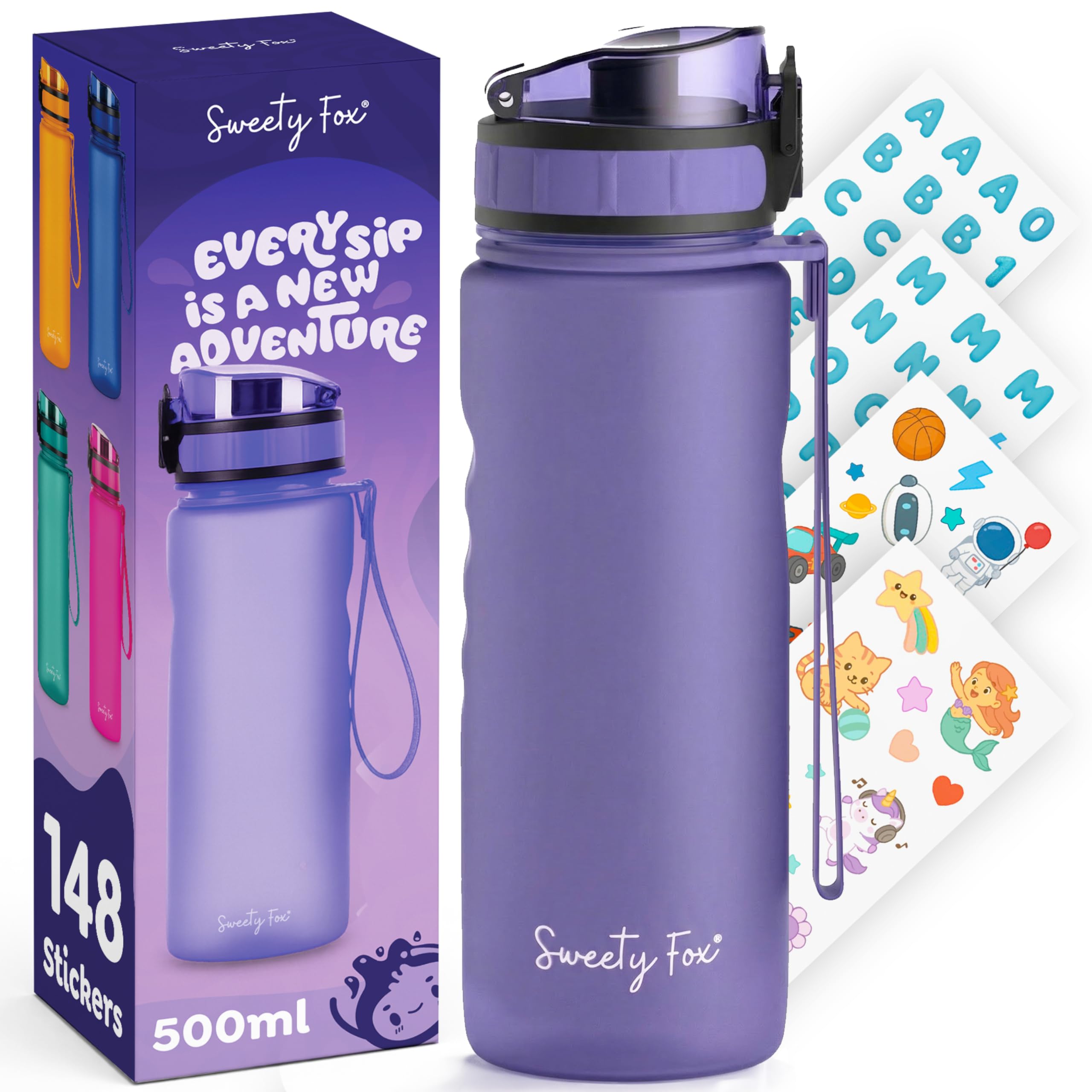 Sweety Fox Trinkflasche Kinder Kohlensäure Geeignet 500ml, Lila - Trinkflasche Sport 100% Auslaufsicher & Wasserflasche Spülmaschinenfest