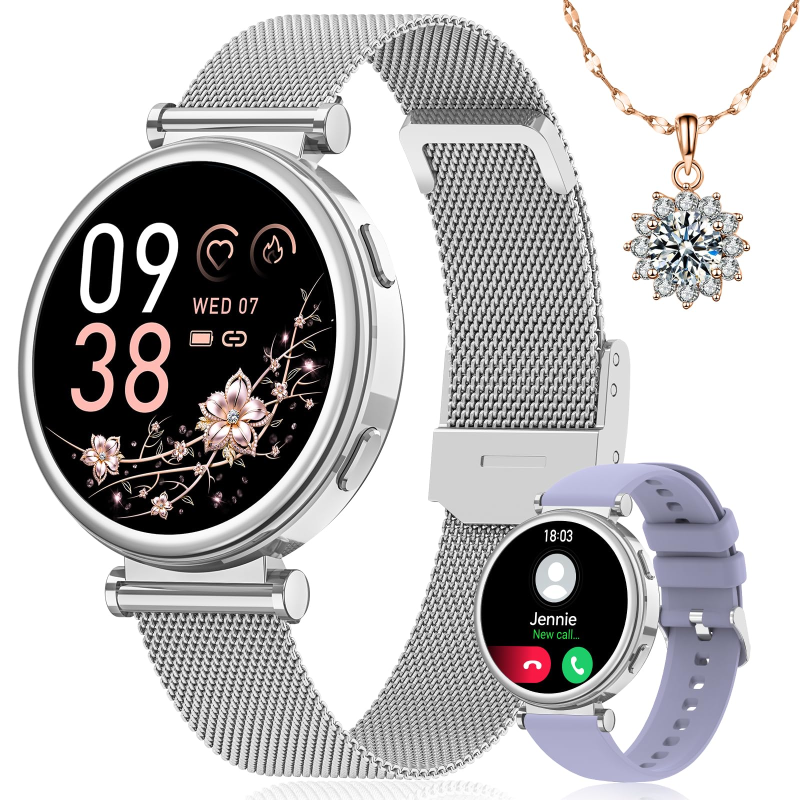 SWGOTA Smartwatch Donna con Chiamate, 1.27" Orologio Smartwatch con Fisiologia Femminile, 24H Cardiofrequenzimetro SpO2 Sonno, 120+ Sports Smart Watch Rotondo per Android iOS, Regalo Donna Argento
