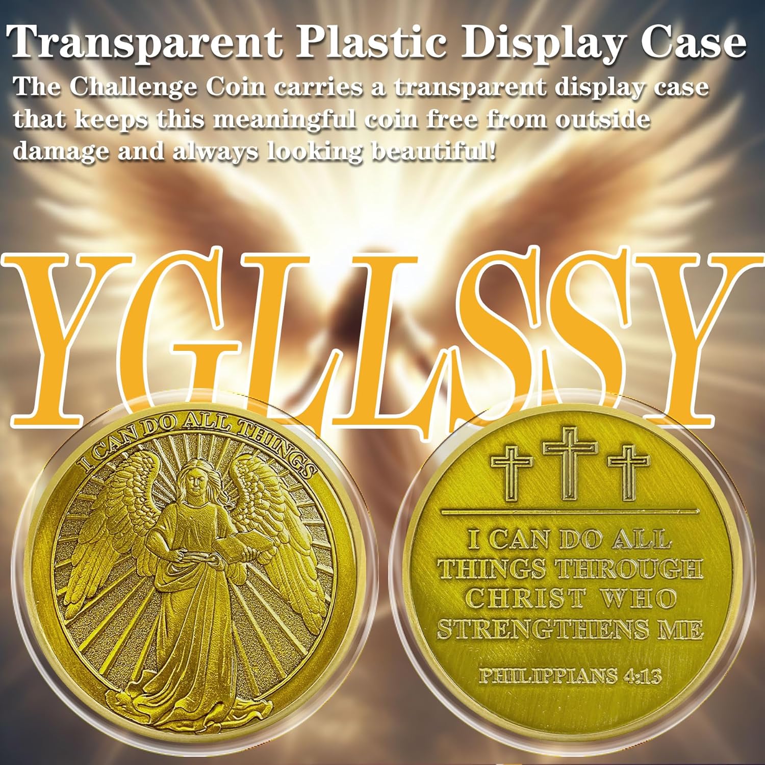Angel Christian Challenge Coin Jesus Religious Prayer Coin with Philippians 4:13, I Can Do All Things Inspirational Christian Challenge Coin Bible Verses Gift with Protective Case for Friends Family