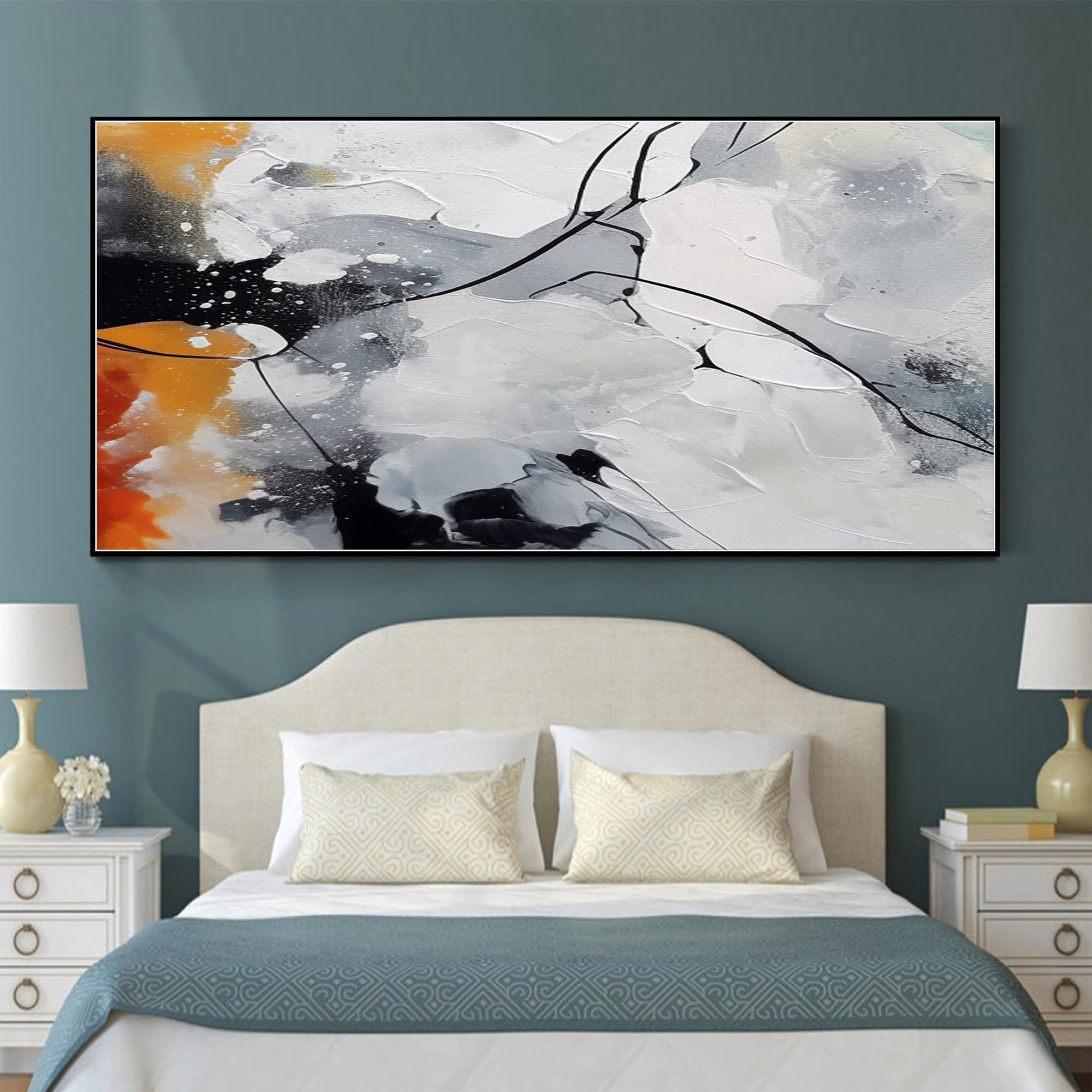 AJAZIKO Abstract Canvas Wall Art 24x48 Inches - Gray & Orange Framed Painting For Living Room, Office, Bedroom