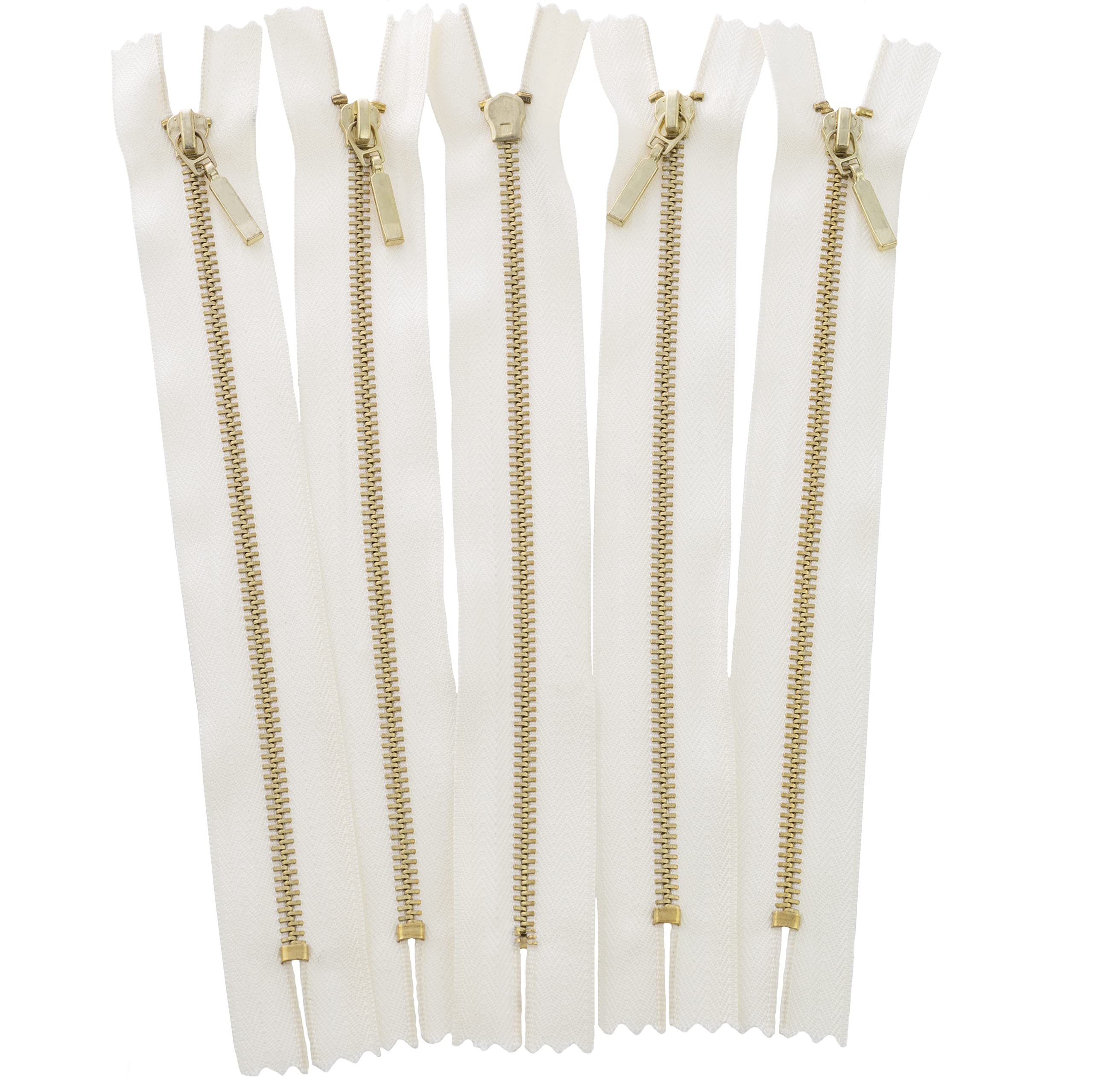 AERZETIX - C61468 – Set of 5 Non-Separable Zippers in Metal with Decorative Handle – Colour: Silky White – Cursor Jeans Leather Vests Sewing Dress Trousers Haberdashery