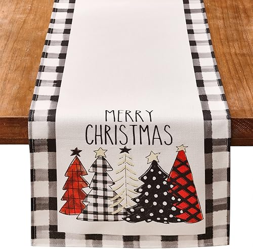 Wracra Buffalo - Camino de mesa para árboles de Navidad a cuadros con diseño de árbol de Navidad en blanco y negro, 108 pulgadas de largo para