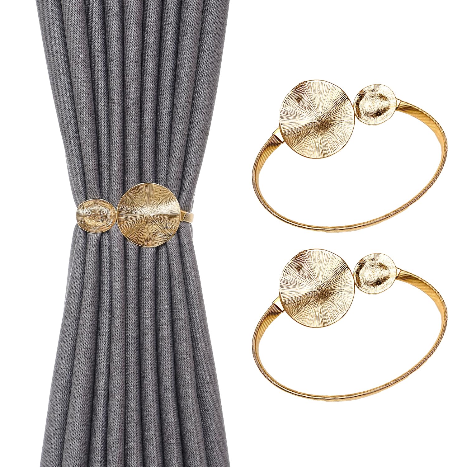2 Pack Gold Curtain Tie Backs, Minimalist Metal Curtain Holdbacks for Home Office Bedroom Window Drapes, Decorative Curtains Ties and Tie Backs Hooks for Elegant Room Décor(Golden Disc)