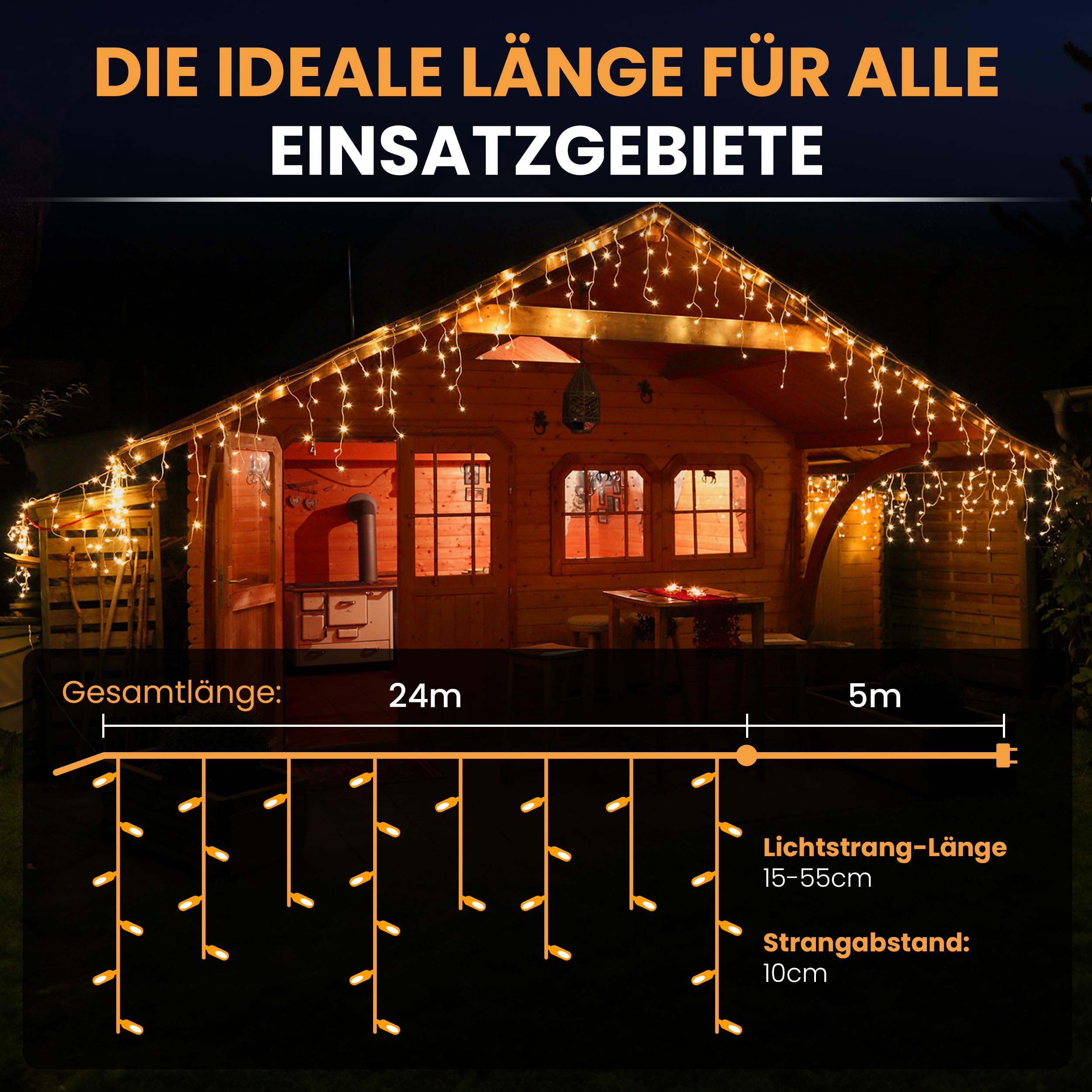 Gartenpirat Eisregen Lichterkette 24 m 960 LED warmweiß LED-Lichterkette außen innen Timer Flash-Effekt