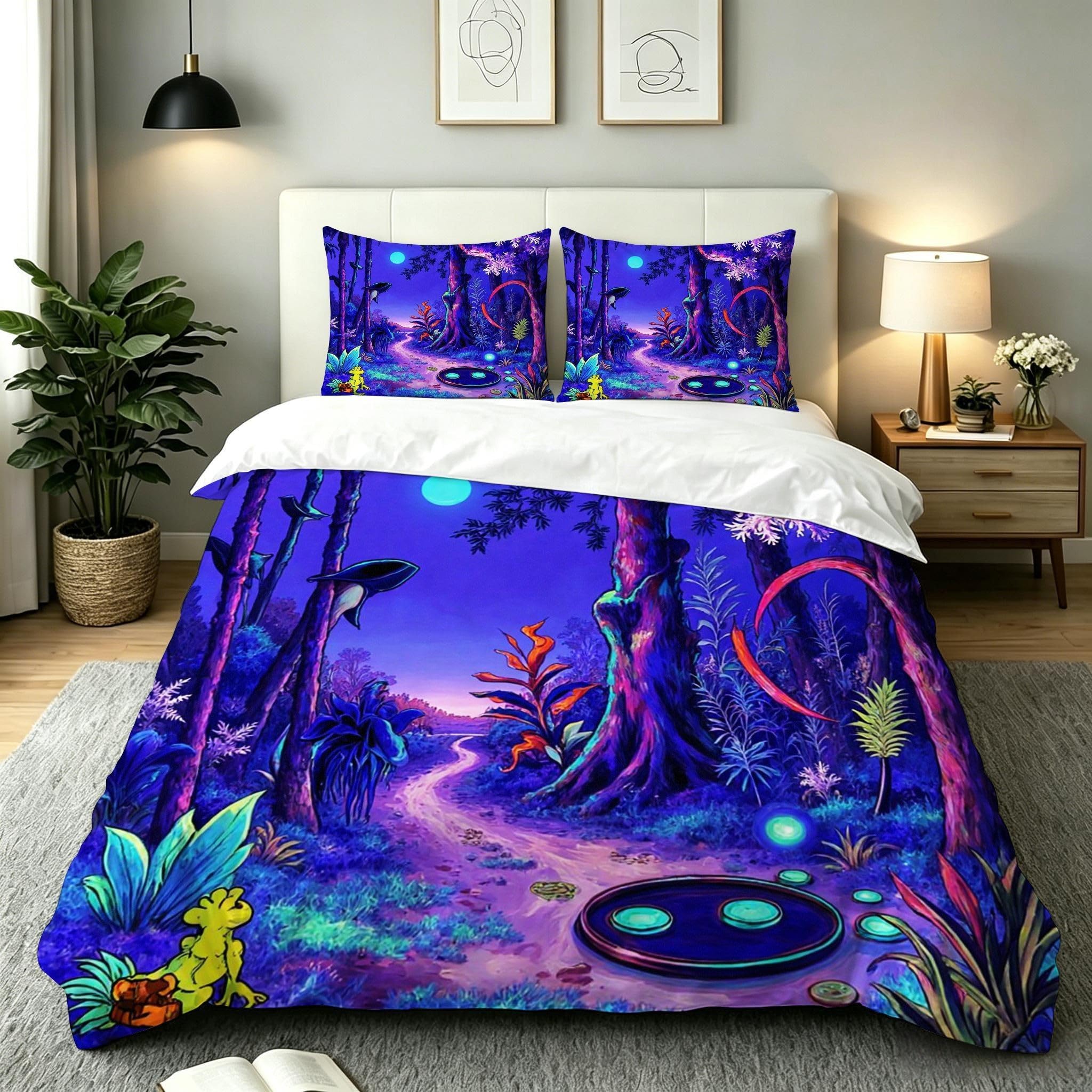 Parure de lit enfant avec housse de couette 140x200 forêt violette