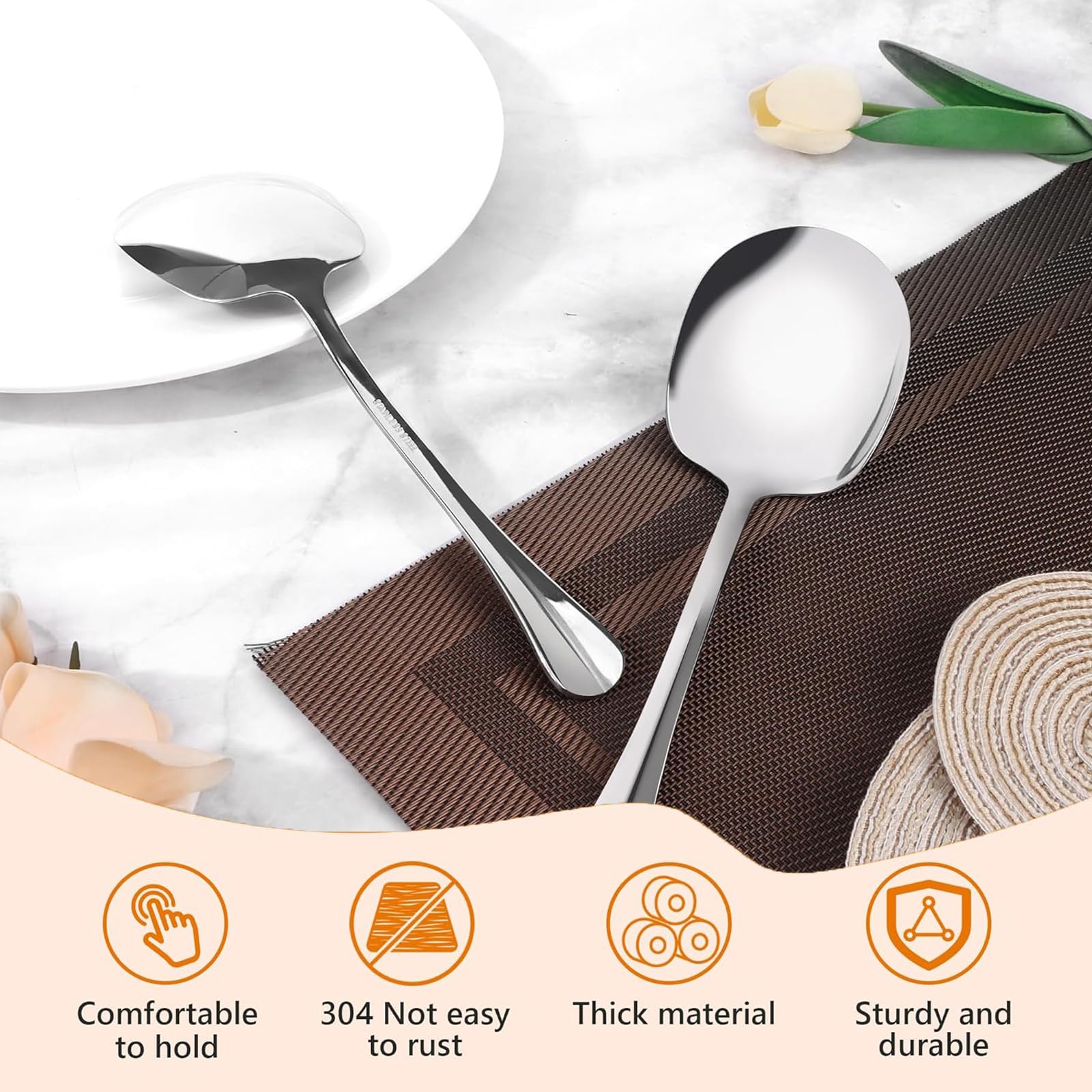 Serving Spoons Large, 4 Pcs Stainless Steel Buffet Serving Spoon Long Handle Soup Spoons Cooking Spoon Kitchen Tool - Image 4