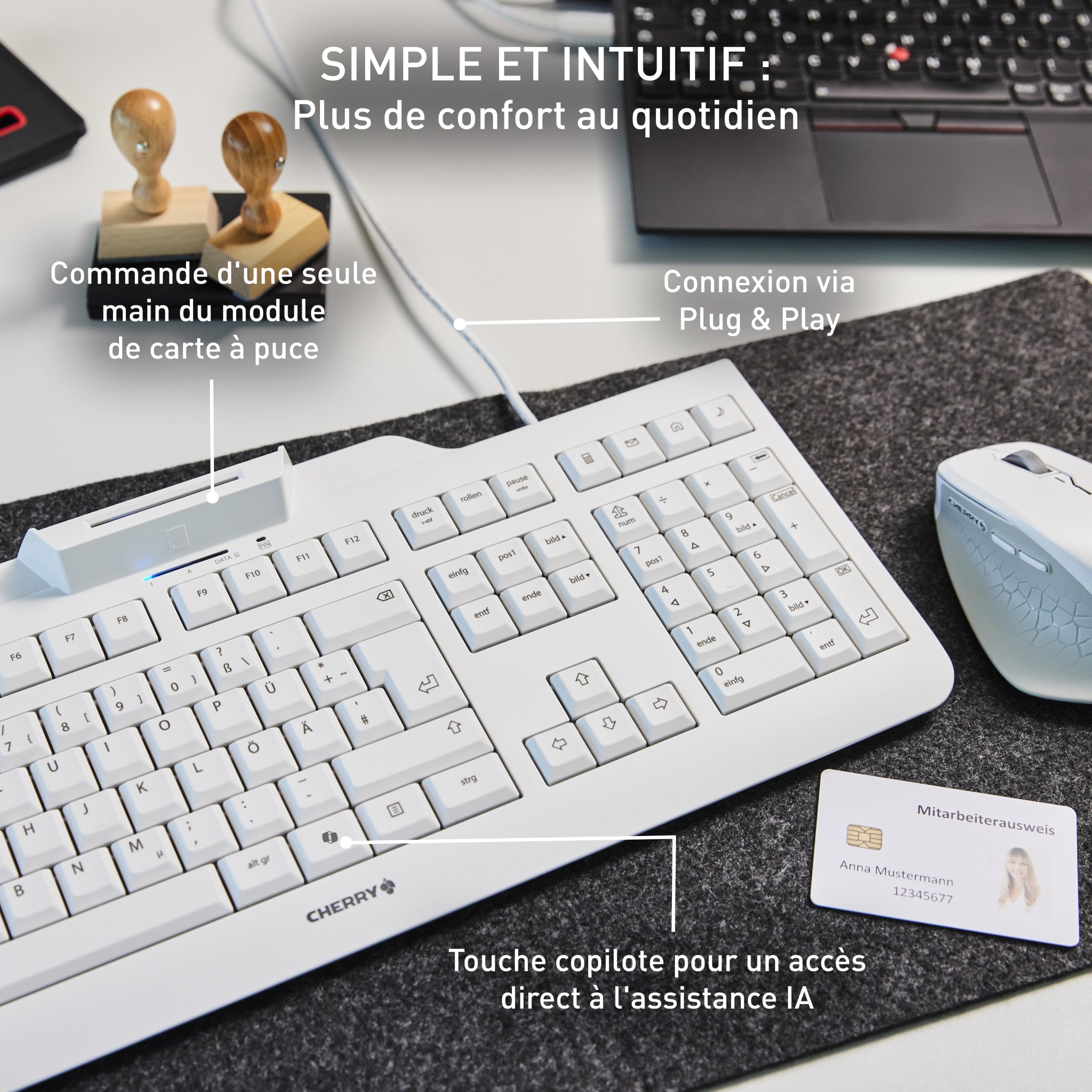 CHERRY Smart Board 1150, Clavier de Sécurité Filaire avec Lecteur de Carte Intégré, Disposition Belge (AZERTY), Plug & Play (USB-A), Design Plat, Noir
