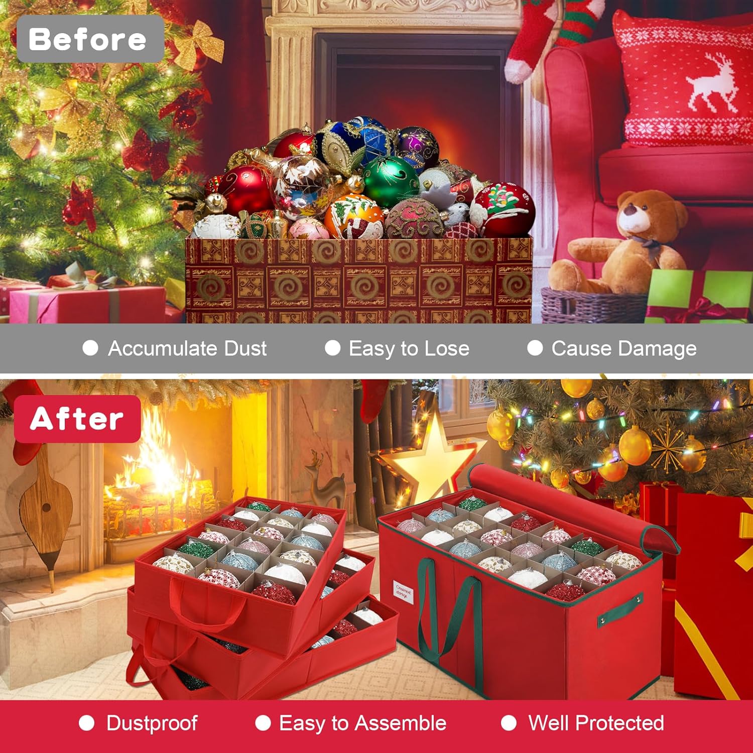 Christmas Ornament Storage Box, Stores Up to 54-4" Ornaments, 3 Individual Trays, Adjustable Dividers, 600D Oxford Fabric, Large Organizer Bin to Protect and Store Holiday Décor - Image 4