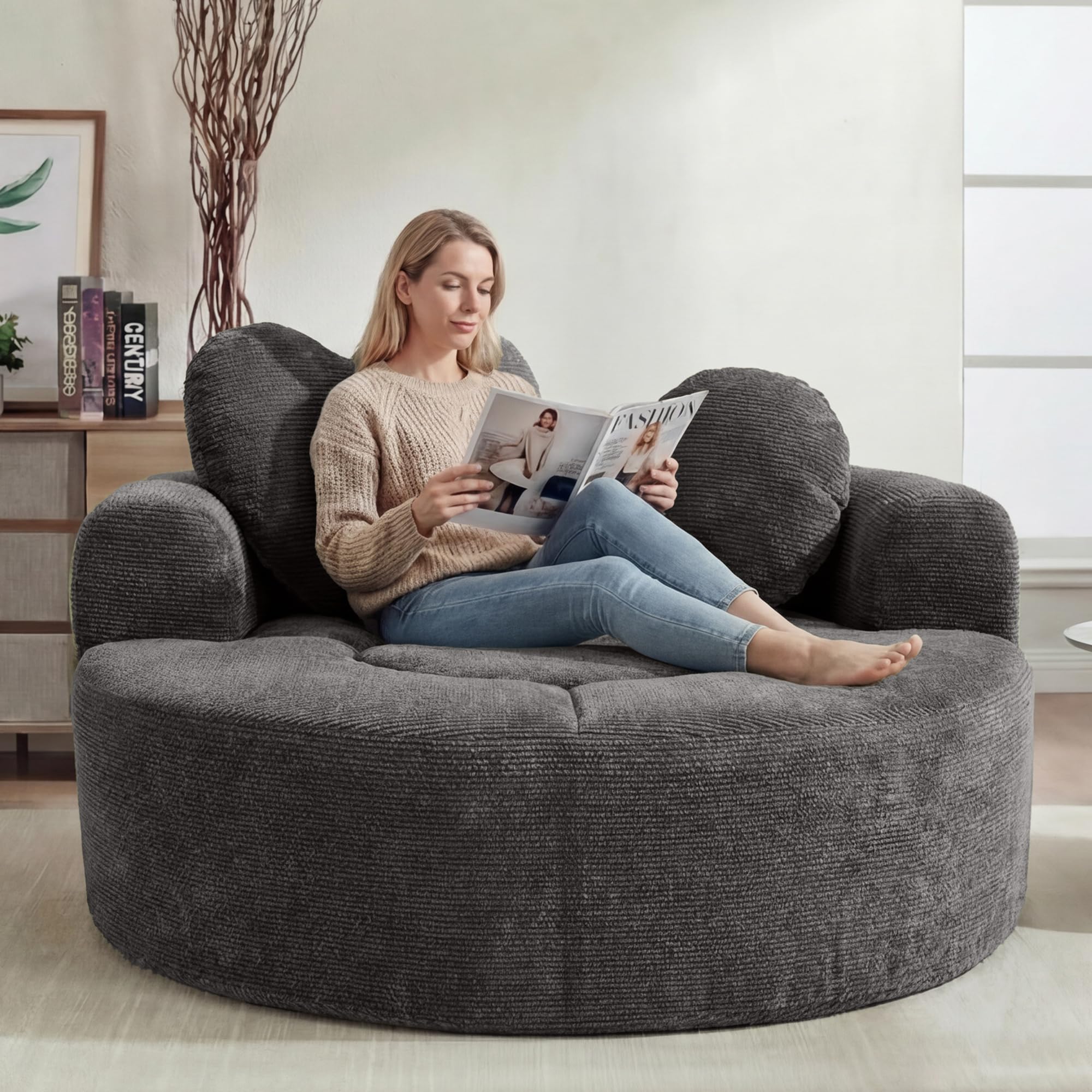 Oversized Round Chair Lounge Chaise Indoor, 54.3" Upholstered Corduroy Deep Seat Single Cloud Sofa Chair with Heart-Shaped Pillow Modern Large Circle Boneless Couch for Living Room, Black