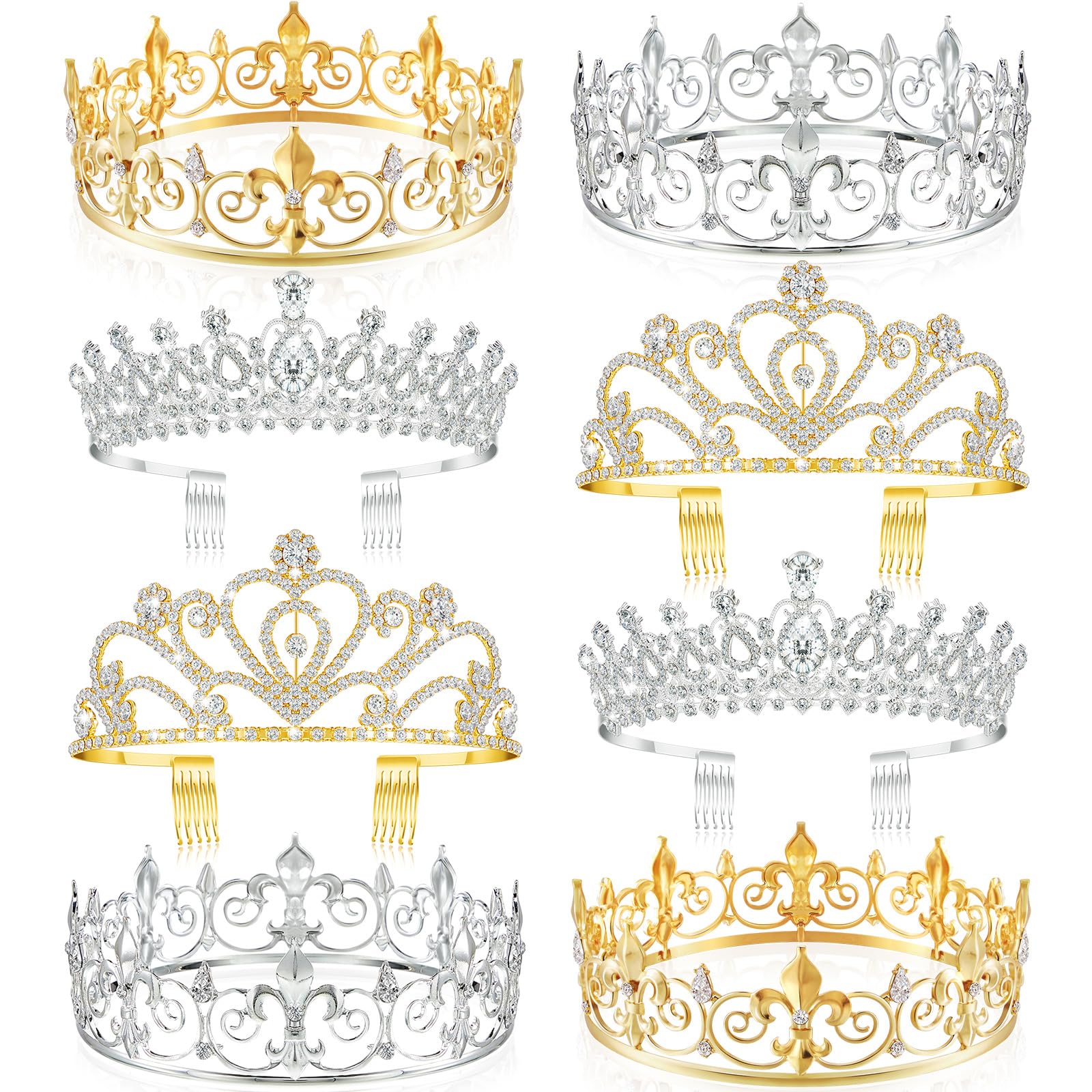 Sasylvia 8 Pcs Proms King and Queen Crown Set for Men Women Metal Rhinestone Crowns and Tiaras Crystal Headband for Weddings Bridal Cosplay Party Accessories, Silver Gold