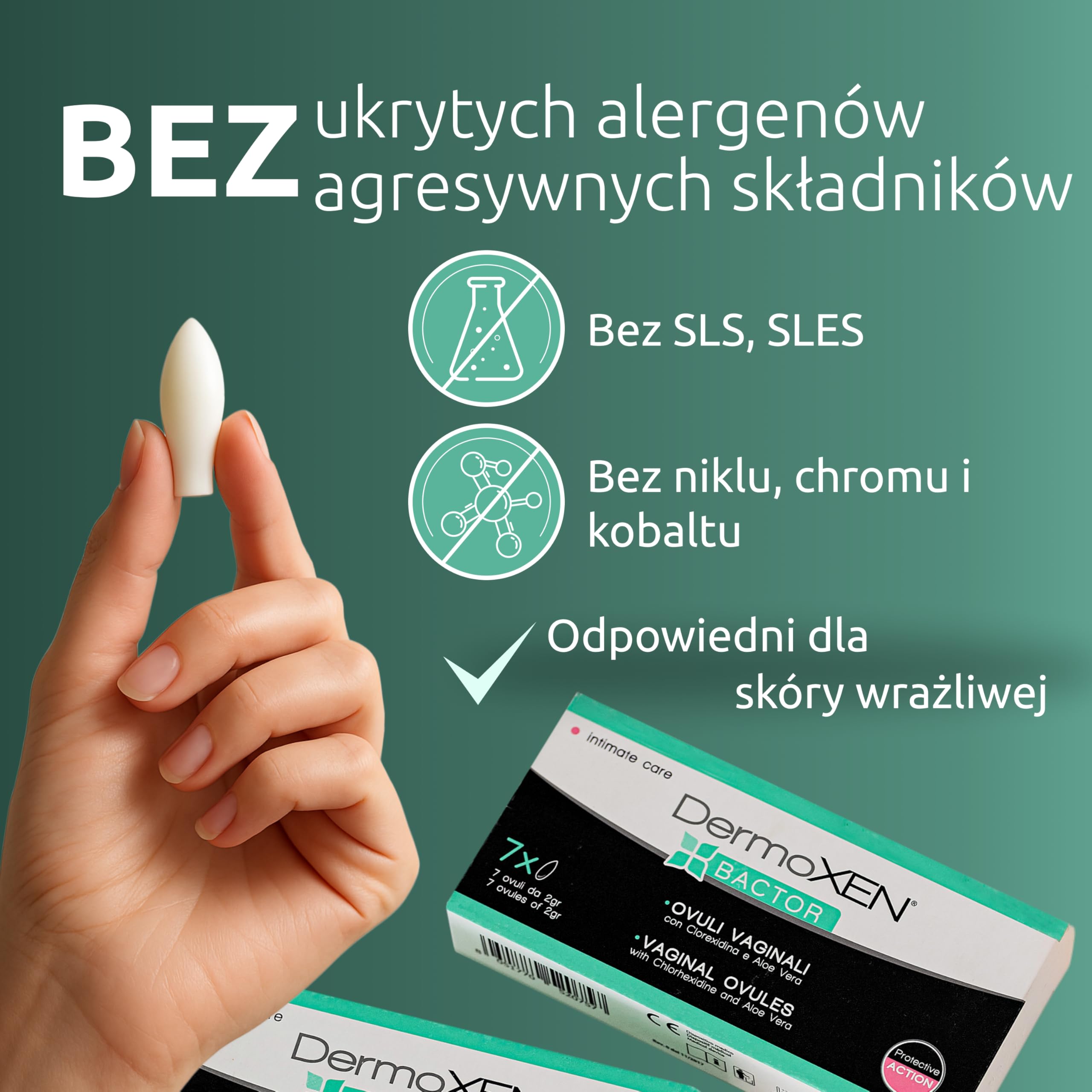 DERMOXEN Bactor komórki jajowe środek dezynfekujący i grzybobójczy. Chroni przed bakteryjnym i grzybiczym zapaleniem pochwy oraz zapaleniem pochwy. Łagodzi pieczenie i swędzenie. 7 sztuk