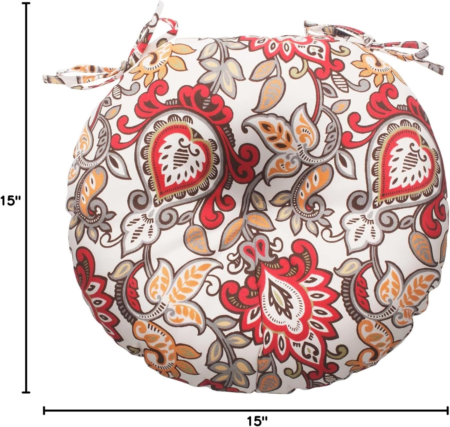 Magpie Fabrics Outdoor Round Bistro Seat Cushions with Ties, 15"x15"x4" Set of 2, Tufted Waterproof Barstool Chair Pads for Patio Home Garden Office, Floral Red Orange