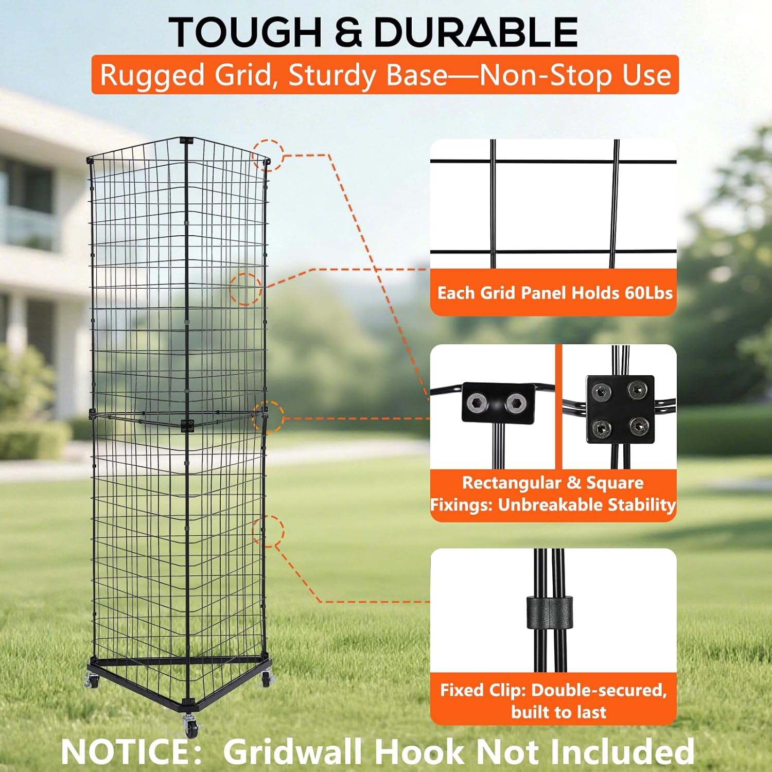 Triangular Gridwall Panel Display Stand, 3-Sided Grid Tower with Base and Casters, 2'x5.5' Floorstanding Wire Grid Rack, Black