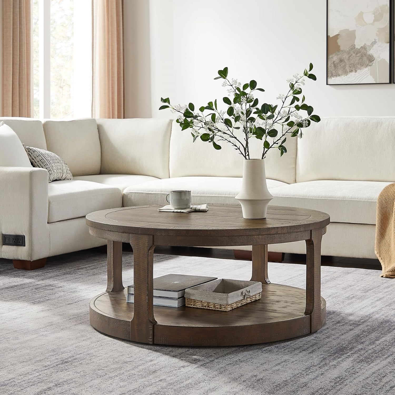 LKTART 40 Inch Round Coffee Tables for Living Room, Wood 2 Tier Circle Coffee Table with Wheels, Mid Century Large Center Table for Office, Apartment,Brown