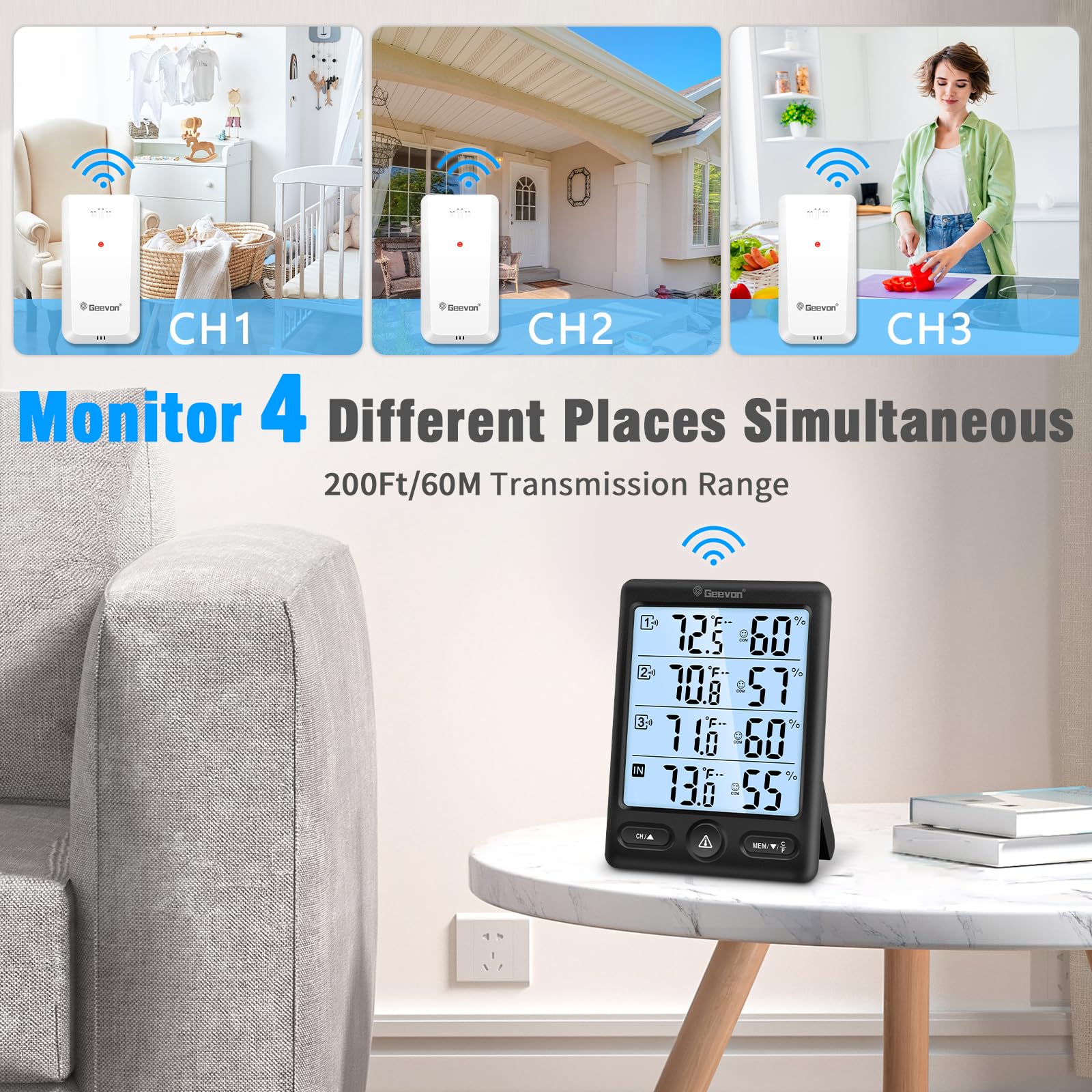 Geevon Thermomètre d'intérieur et d'extérieur sans fil avec 3 capteurs à distance, écran de 12,7 cm, thermomètre hygromètre numérique, moniteur de température et d'humidité avec rétroéclairage 8S