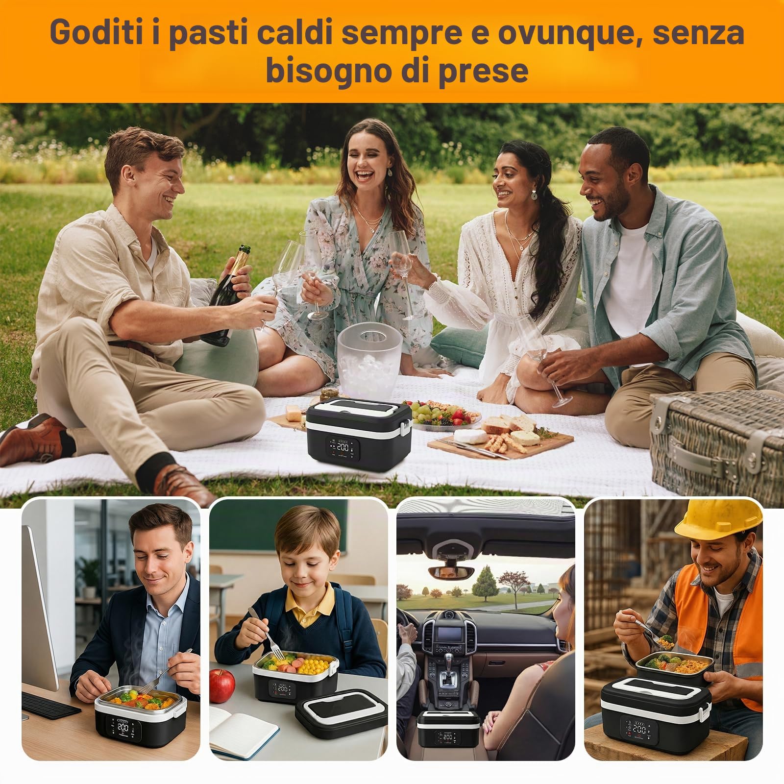 Scaldavivande Elettrico Portatile, Scaldavivande a Batteria Ricaricabile 1L Lunch Box Elettrico, Scalda Vivande per Adulti in Acciaio Inossidabile, Scaldavivande USB con Stoviglie e Borsa Termica