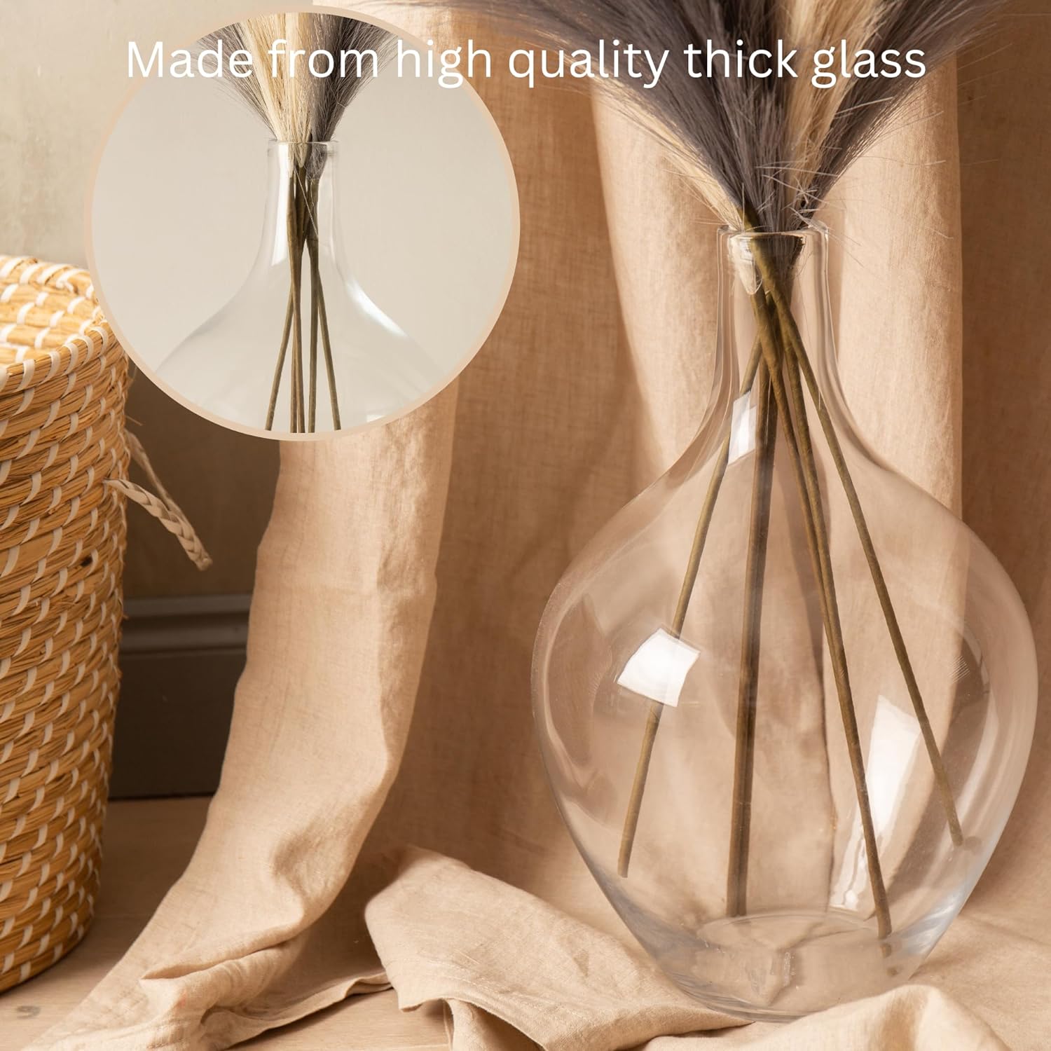 Large Glass Vase for Floor, 15" Tall Clear Glass Floor Vase for Pampas Grass and Long Stem Flowers, Big Glass Vase Decor for Living Room Bedroom, Clear Vase - Image 5