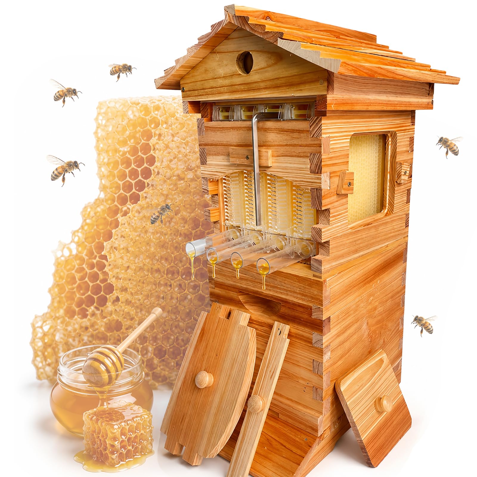 HCAUYNN Flow Hive Wooden Bee Hive, Easy Honey Harvesting Beehive with Flow Frames for Backyard Bee Keeping & Home Apiary