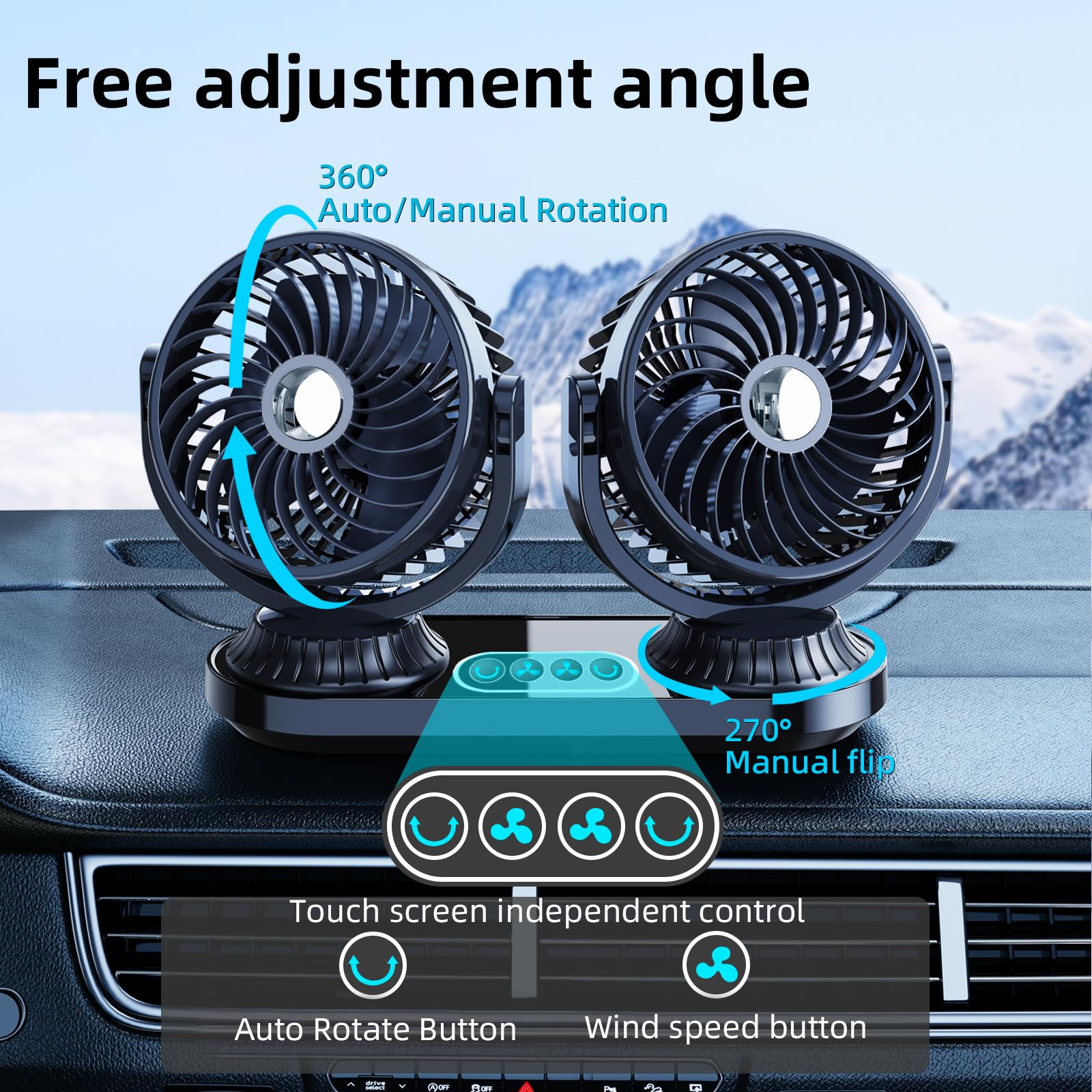 Ventola per auto a doppia testa, 12 V, 24 V, universale, oscillante a 270°, per veicoli, con 2 porte di ricarica USB, rotazione a 360° che soffiano aria fredda per camion SUV