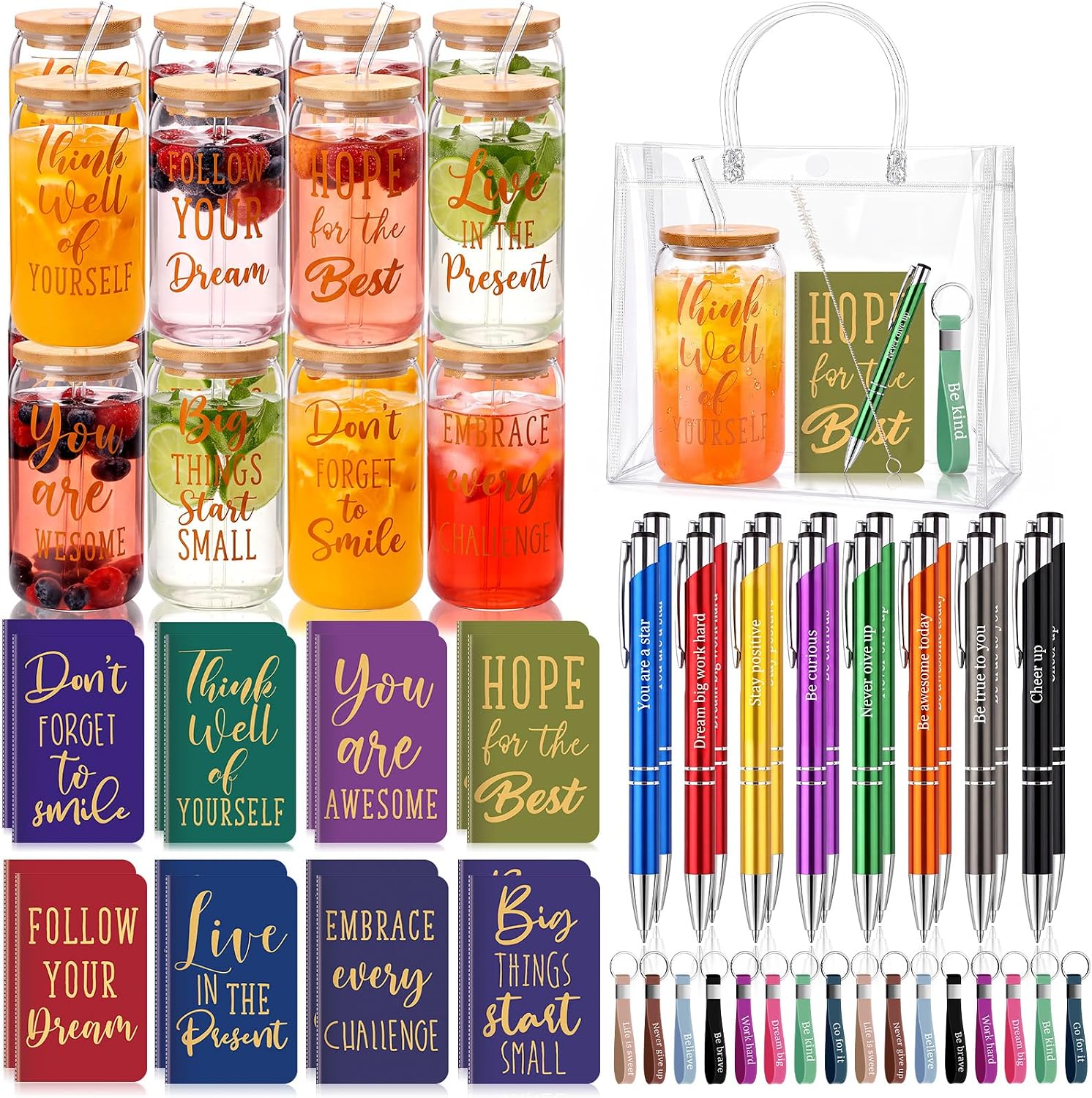 Rtteri 80 Pcs Inspirational Glass Cup Bulk Gift Set 16oz with Lid and Straw