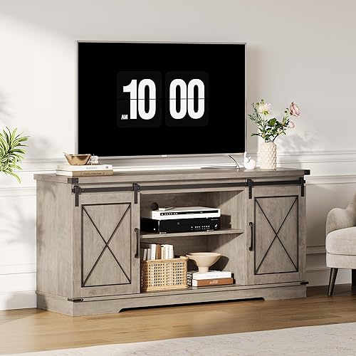 Miniatura 6 de IDEALHOUSE Soporte de TV estilo granja y centro de entretenimiento para TV de hasta 65 pulgadas con puertas corredizas de granero y estante