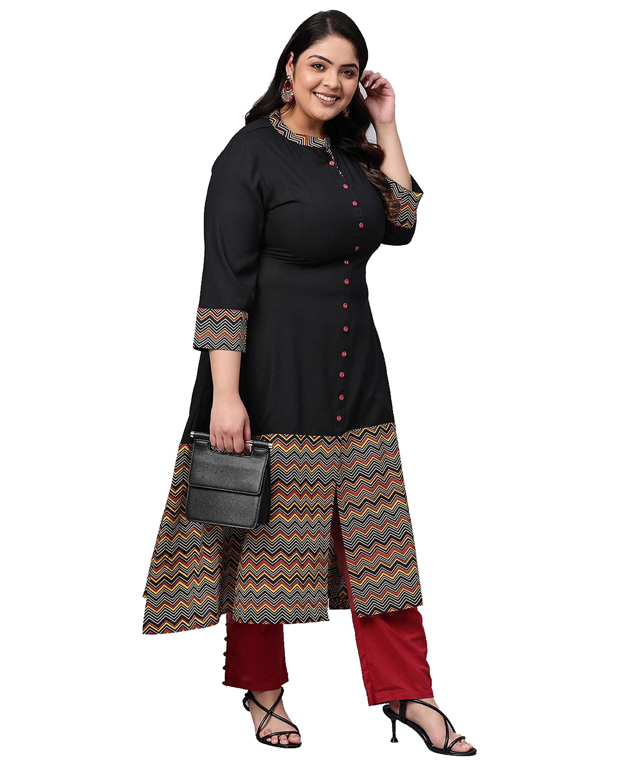 Yash Gallery Women's Plus Size Rayon & Cotton Cambric Zig-Zag Printed Regular Fit A-Line kurta For Women(1112Ykblack_Black_Xxxx-Large) 1