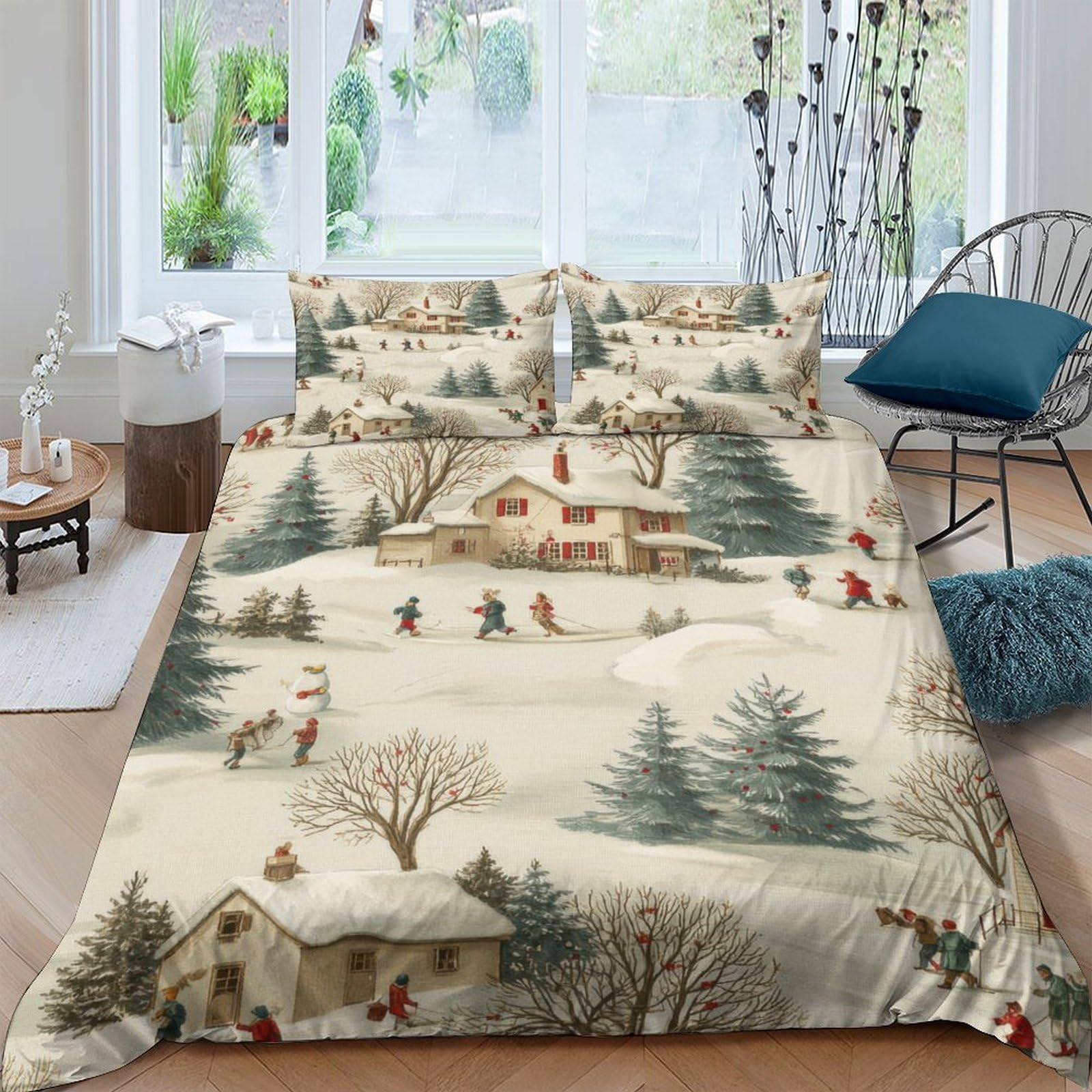 Ctjqhvkz Style-7 3D Printed Winter Village Fitted Sheet Microfiber Soft Snow Landscape Bed Cover For Bedroom Guest Room Decor Easy Care Single（135X200cm）