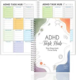 Agenda TDAH para foco e produtividade: Hub de gerenciamento de tarefas com seções codificadas por cores para chamadas, e-mails, tarefas, compromissos e muito mais. Reduza a sobrecarga. A5, capa