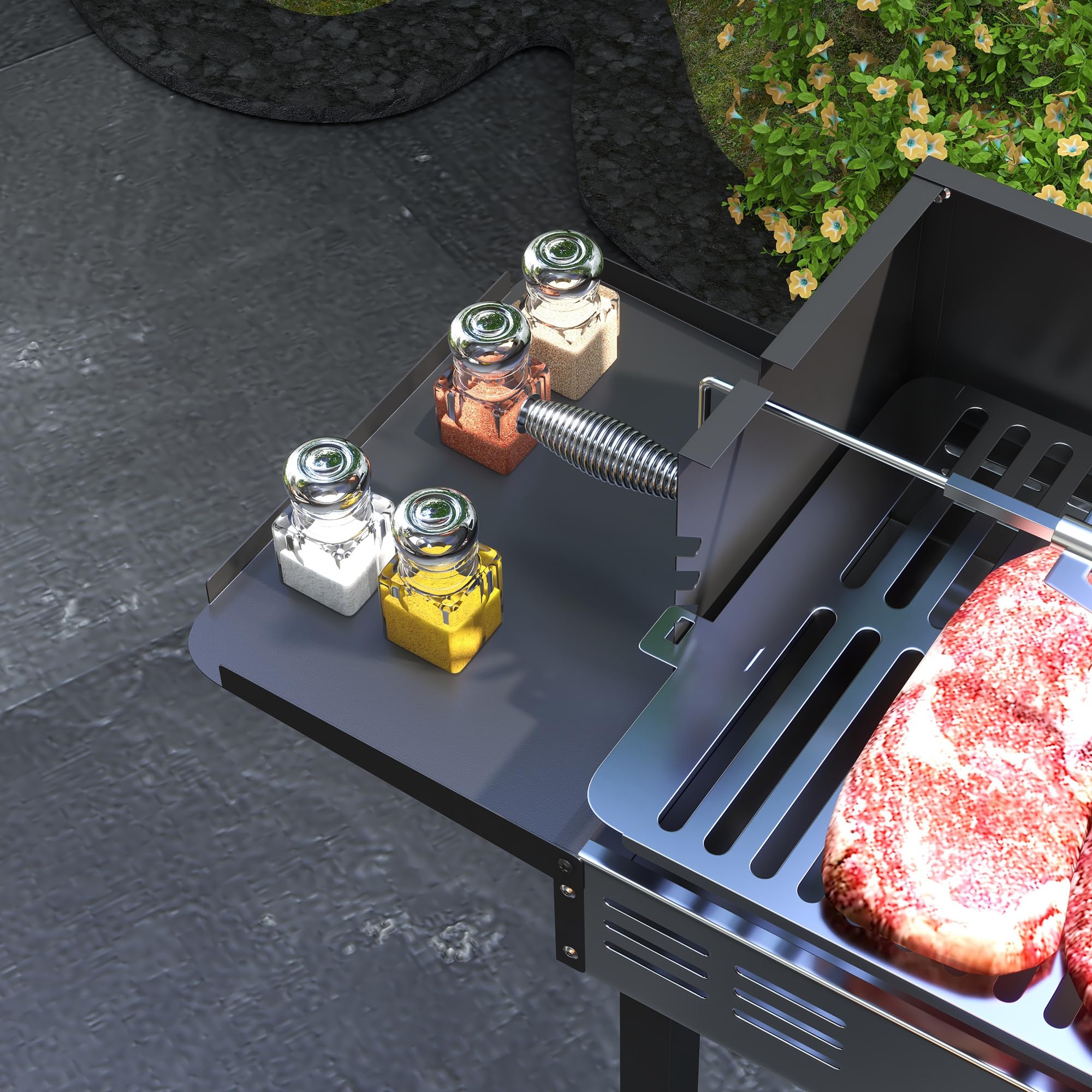 Outsunny Barbacoa de Carbón Barbacoa Portátil 118x32x90 cm Parrilla Negro | Pincho Giratorio, Ajustable en Altura de 3 Posiciones, Estantes Plegables, Paravientos, Picnic Camping Jardín
