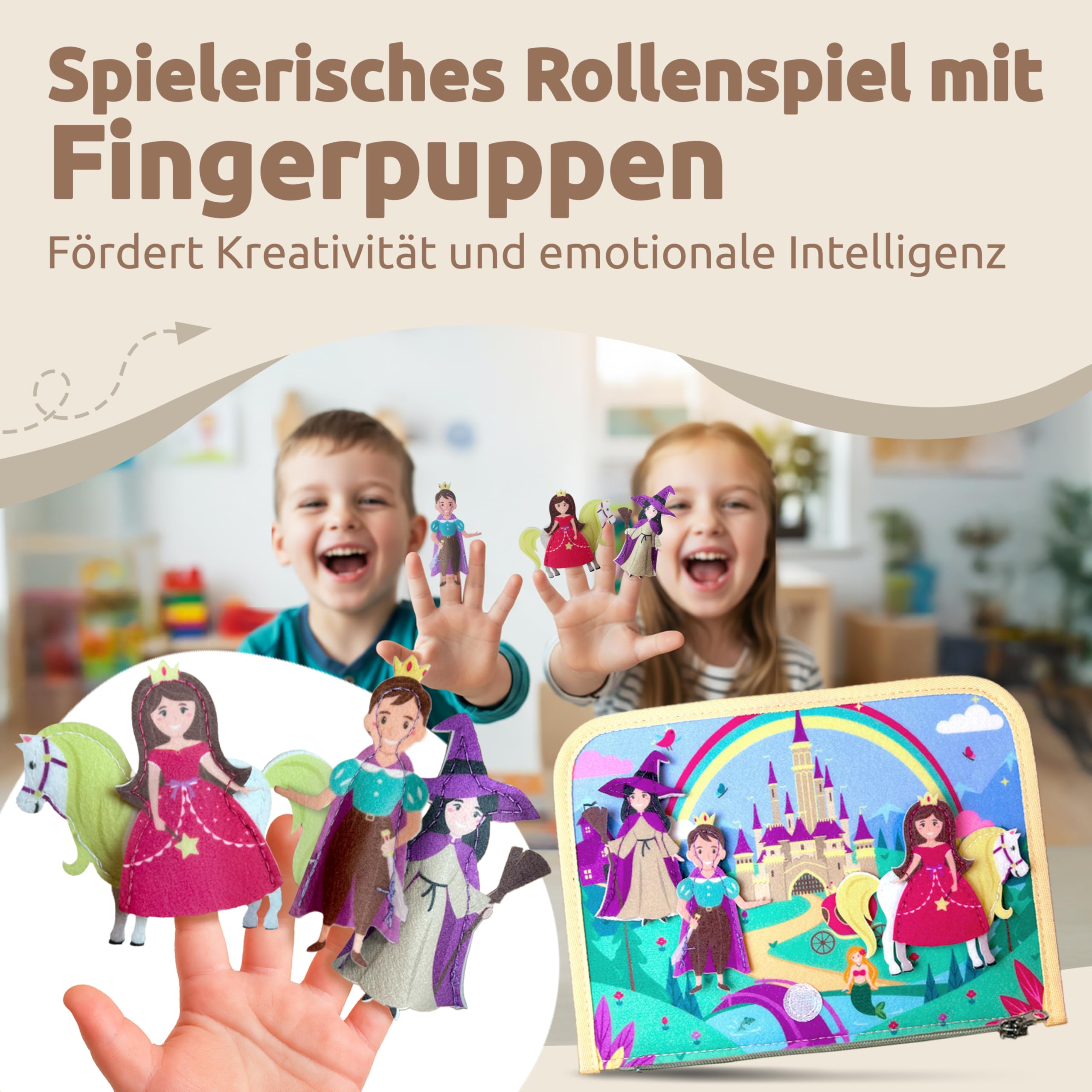 Mallie® Montessori Busy Board ab 1 2 3 4 Jahren inkl. Gratis Mal & Rätsel 48-Seiten Heft mit Rollenspiel-Set & Fingerpuppen Lernbuch - Feinmotorik & Konzentration Quiet Book, Activity Board Quiet Book