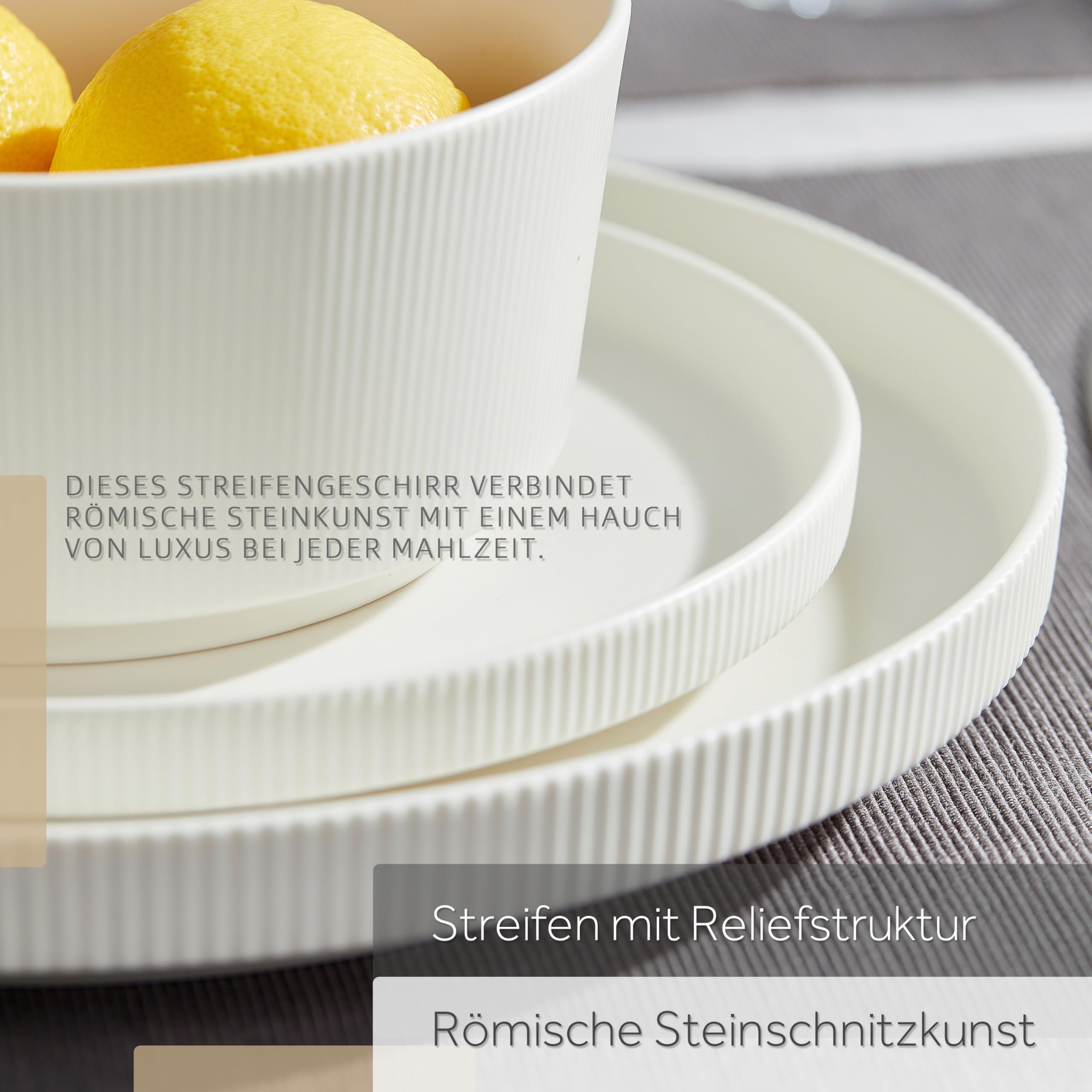 Jiwoo Geschirrset & Tafelservice 12 tlg für 4 Personen Bone China | Modern Bone China – 4 Speiseteller, 4 Dessertteller & 4 Schüsseln, leicht, robust, mikrowellen- & spülmaschinengeeignet