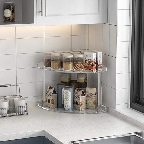 Miniatura 6 de Estante organizador de esquina de acrílico de 2 niveles, 9.5 x 9.5 x 8 pulgadas, estante esquinero transparente para encimera para baño, cocina,
