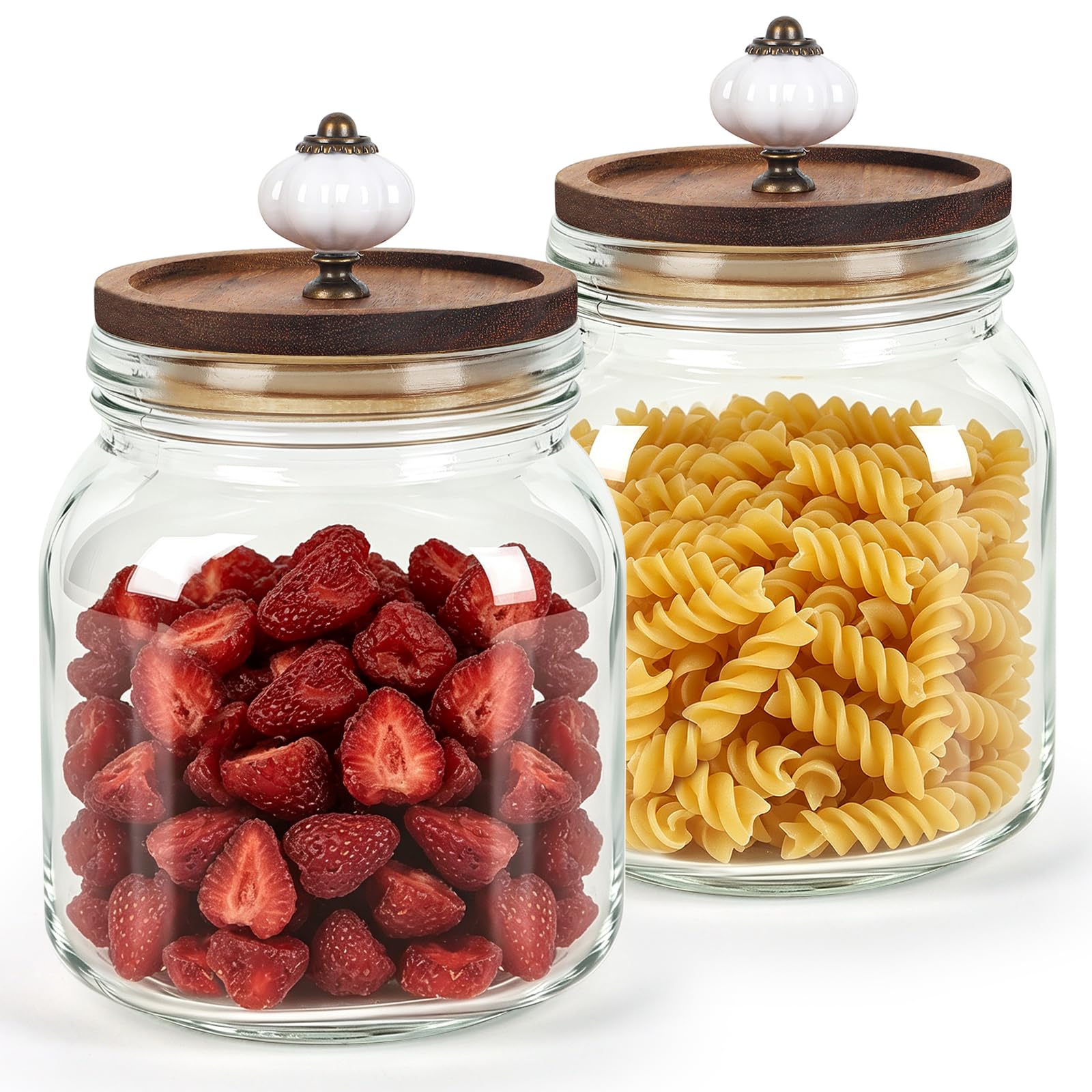 Ulable 2 Pack Glass Storage Jars with Wood Lid, 1000ML Round
