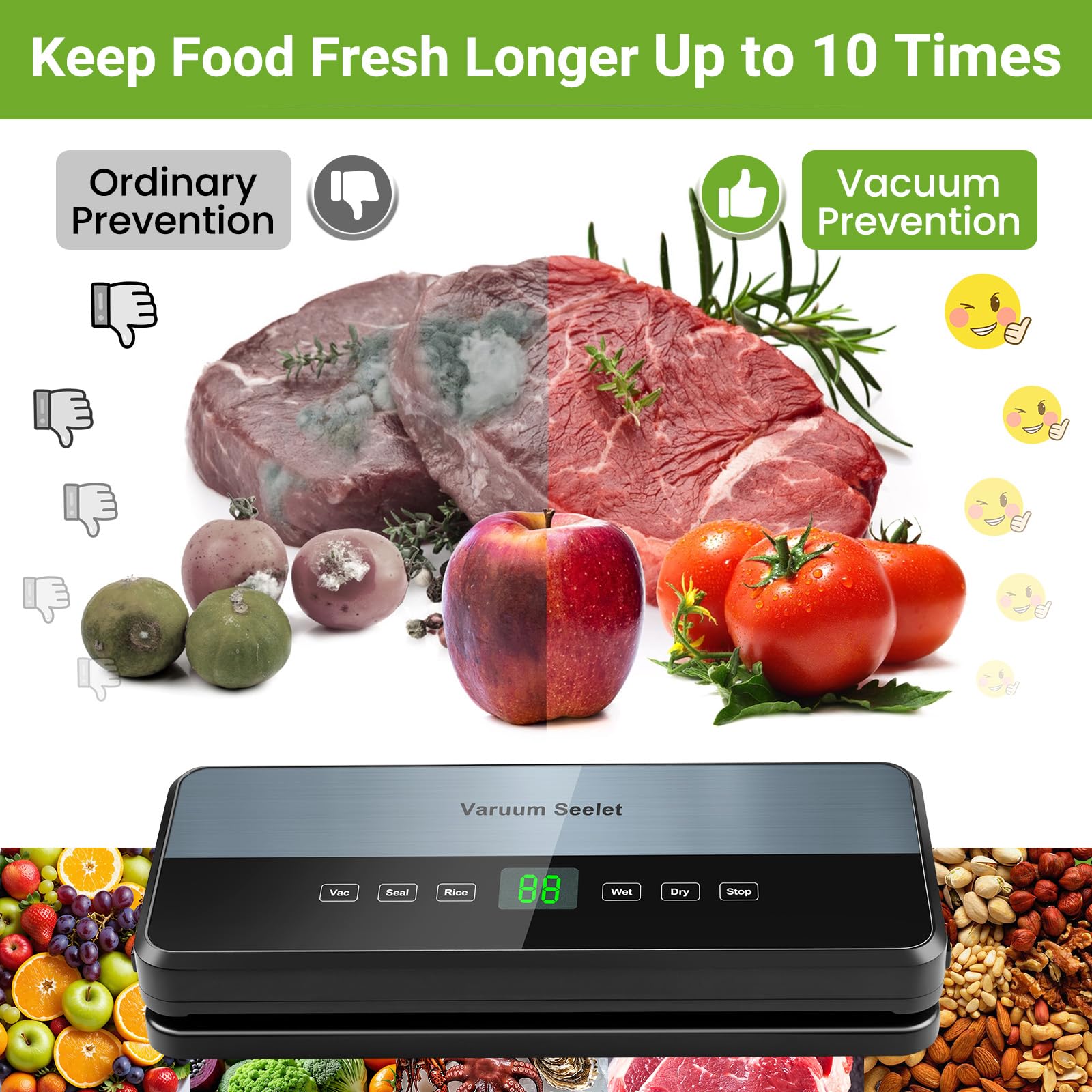 Selladora al vacío de Alimentos 8 en 1, 65 kPa, 30 mm de Largo, con 30 Bolsas y Almacenamiento, para conservación de Alimentos Secos y húmedos, Cortador Integrado.