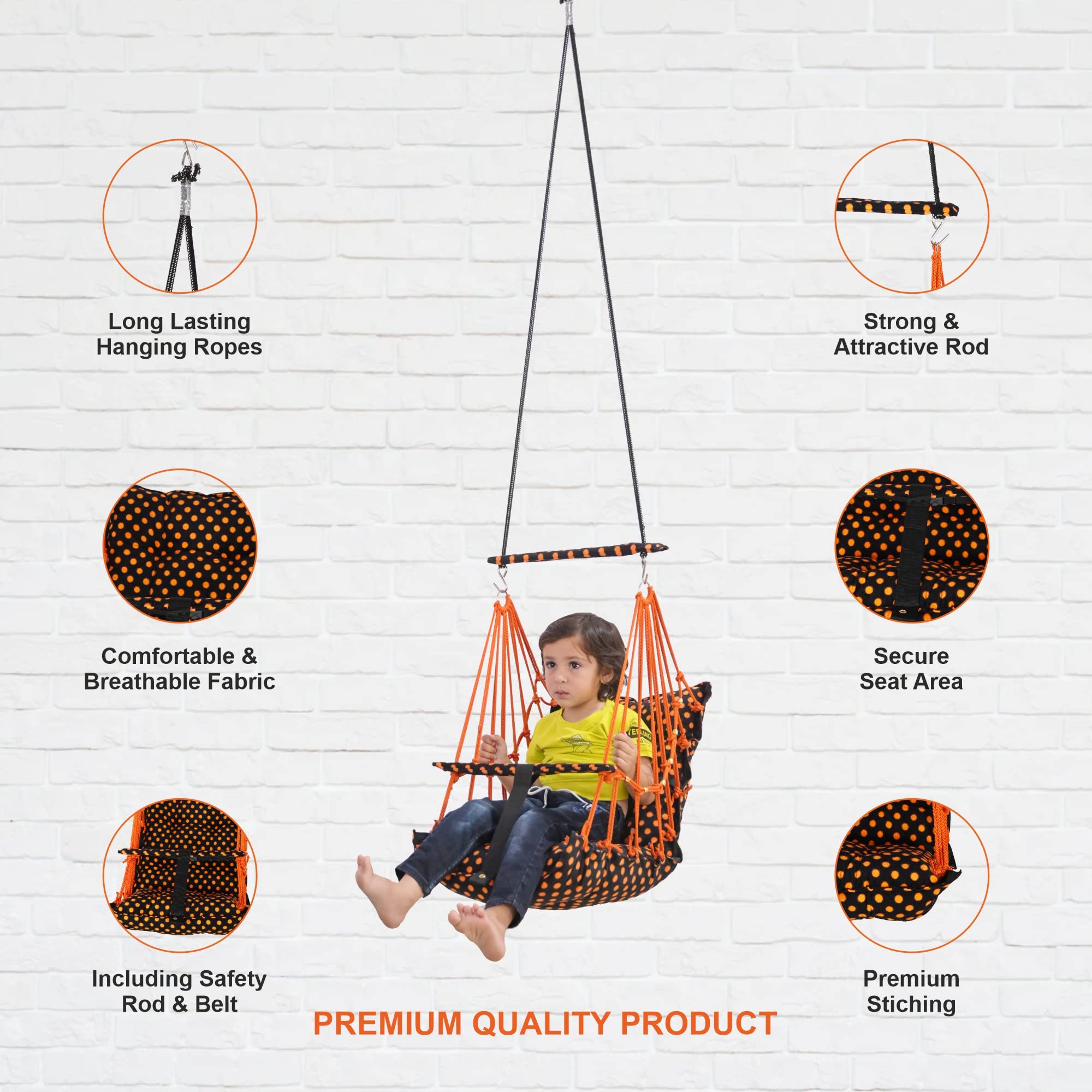 BOFFLE® Cotton Swing Chair for Kids Baby's Children Folding and Washable1-3 Years with Safety Belt/Home,Garden Jhula for Babies|Swing for Kids | Seat and Back Side 16x16 inch 1