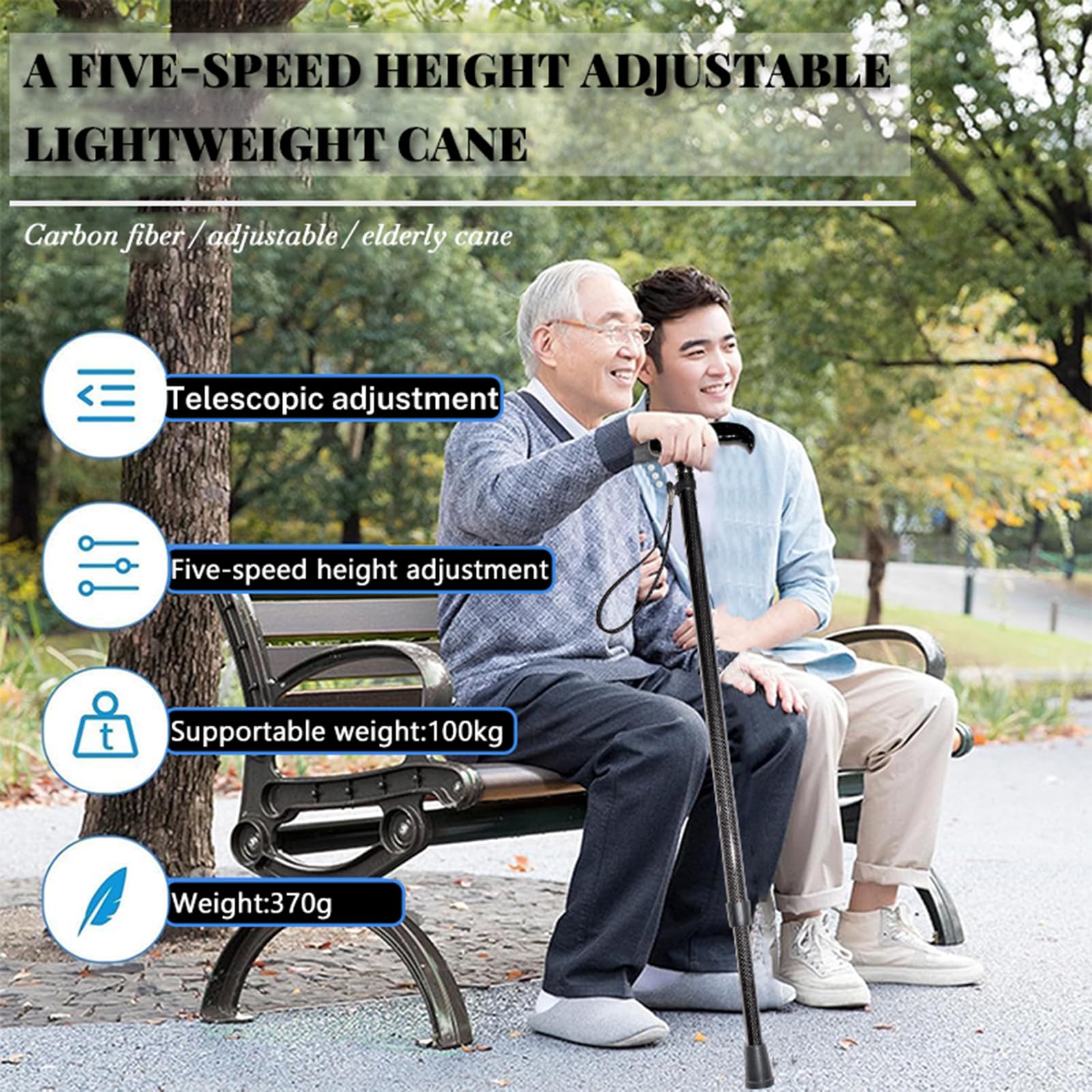 Teleskopowa laska do chodzenia, dwustopniowy model teleskopowy, lekka 260 g, z włókna węglowego, regulowany, antypoślizgowy uchwyt, nadaje się do wszystkich terenów, unisex, laska dla osób starszych