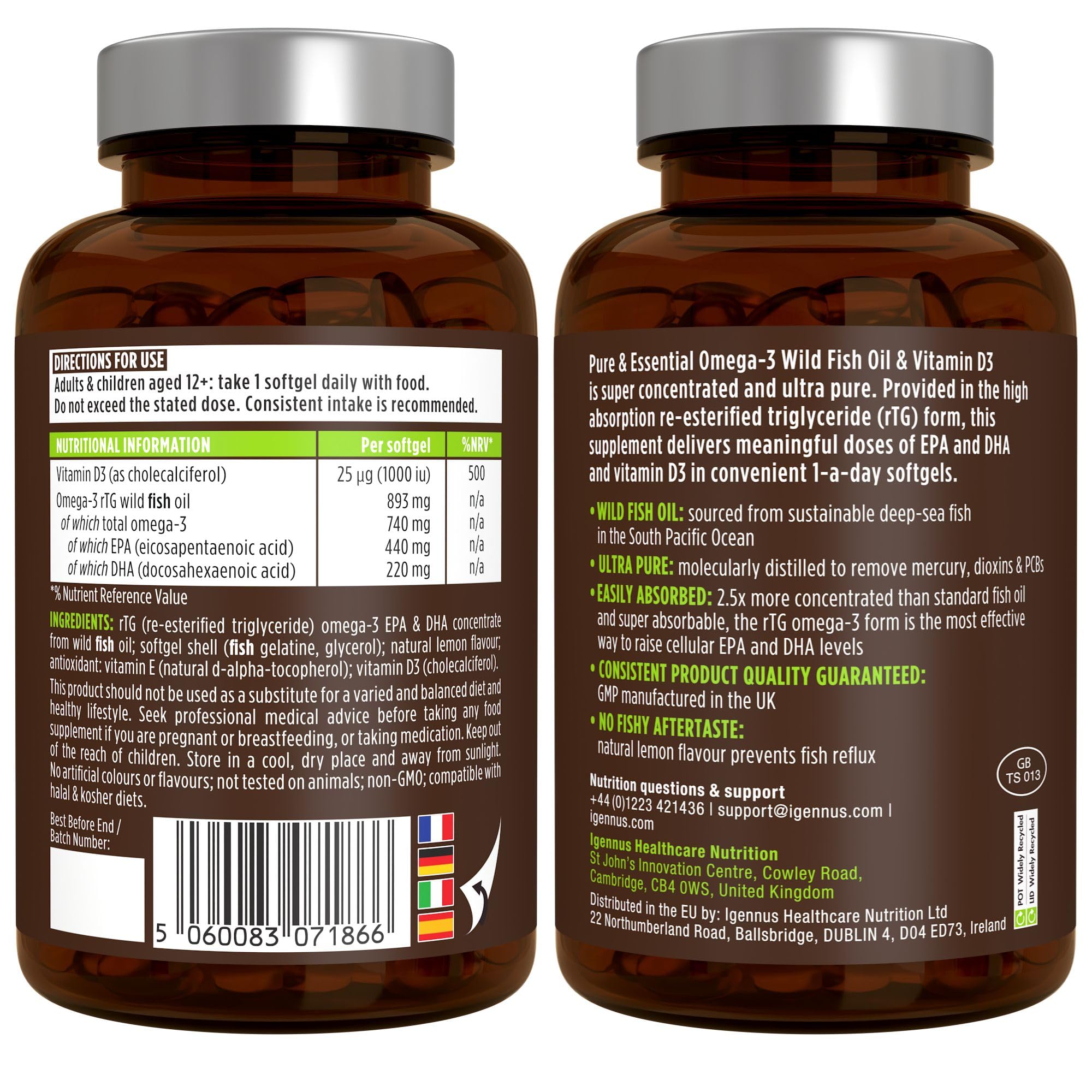 Igennus Hochwertigstes Omega-3 Wildfischöl + D3, rTG Triglycerid form 893mg | EPA & DHA 660mg, IFOS Zertifiziert, 180 Portionen, 1x täglich, frei von Umweltgiften, Zitronengeschmack