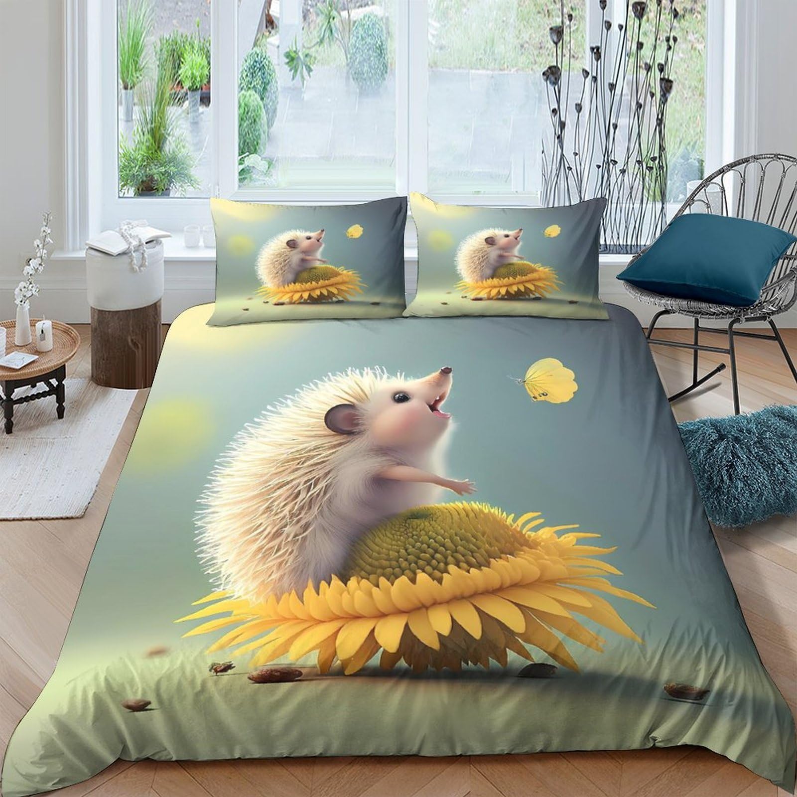 Ctjqhvkz Style-4 3D Printed Hedgehog Sunflower Fitted Sheet Microfiber Soft Breathable Cartoon Bed Cover For Bedroom Guest Room Decor Single（135X200cm）