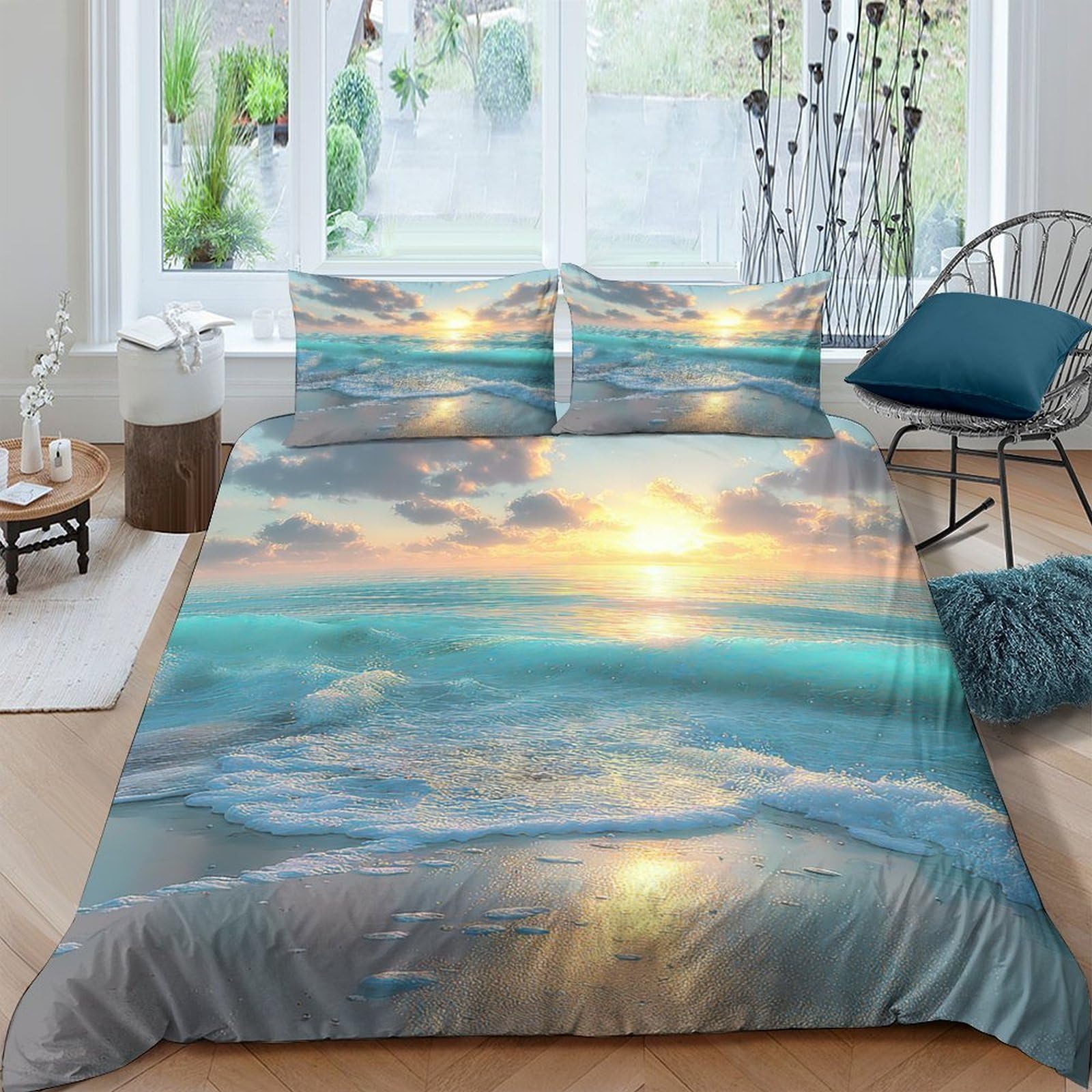 Ctjqhvkz Style-7 3D Printed Sunset Beach Fitted Sheet Microfiber Soft Ocean Wave Mattress Cover For Bedroom Dorm Decor Single（135X200cm）